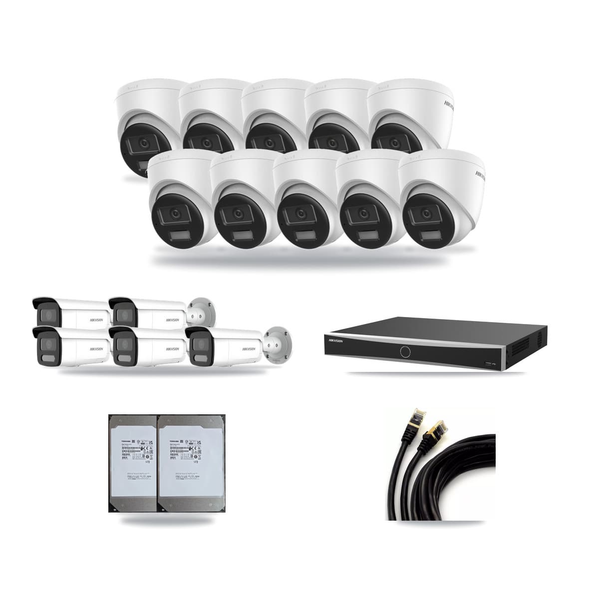Hikvision 16-Channel 4MP – 4K CCTV Kit — 10 DS-2CD1383G2-LIUF/SL 4K Turret + 5 DS-2CD2T47G2H-LISU/SL 4MP Bullet Cameras + 2× 14TB Recording (DS-7616NXI-K2/16P(E) Recorder) - Image 1