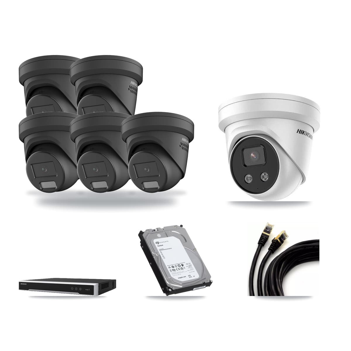 Hikvision 8-Channel 4MP – 5MP CCTV Kit — 5 Black 4MP + 1 5MP Turret Cameras + 6TB Recording (DS-7608NI-M2 Recorder) - Image 1