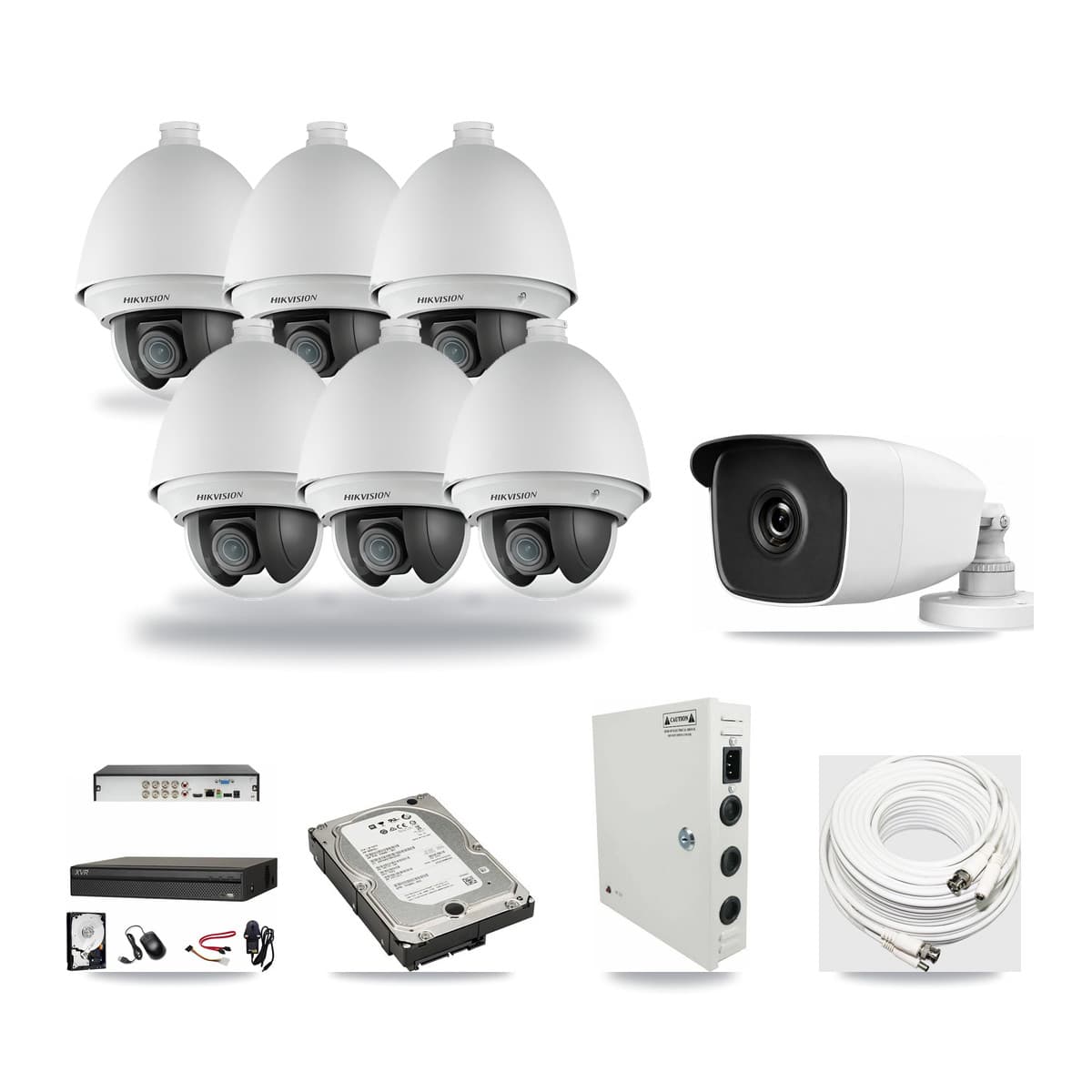 8-Channel 2MP – 3MP CCTV Kit — 6 Hikvision DS-2AE4225T-A 2MP PTZ + 1 HiLook THC-B230-R 3MP Bullet Cameras + 5TB Recording (XVR-3108AD-4K Recorder) - Image 1