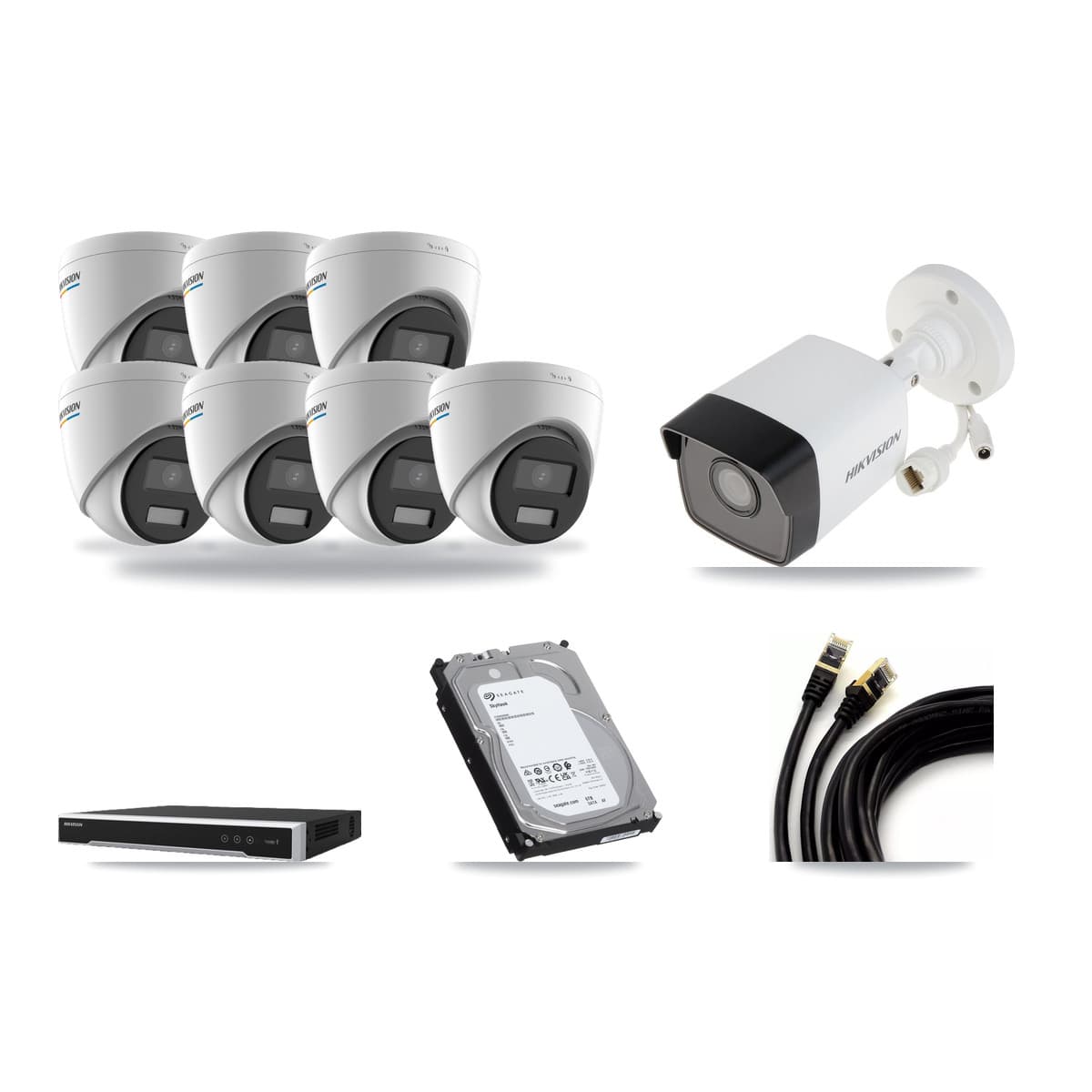 Hikvision 8-channel CCTV kit: 8 cameras (7× 2MP Turret + 1× 5MP Bullet), 6TB hard drive