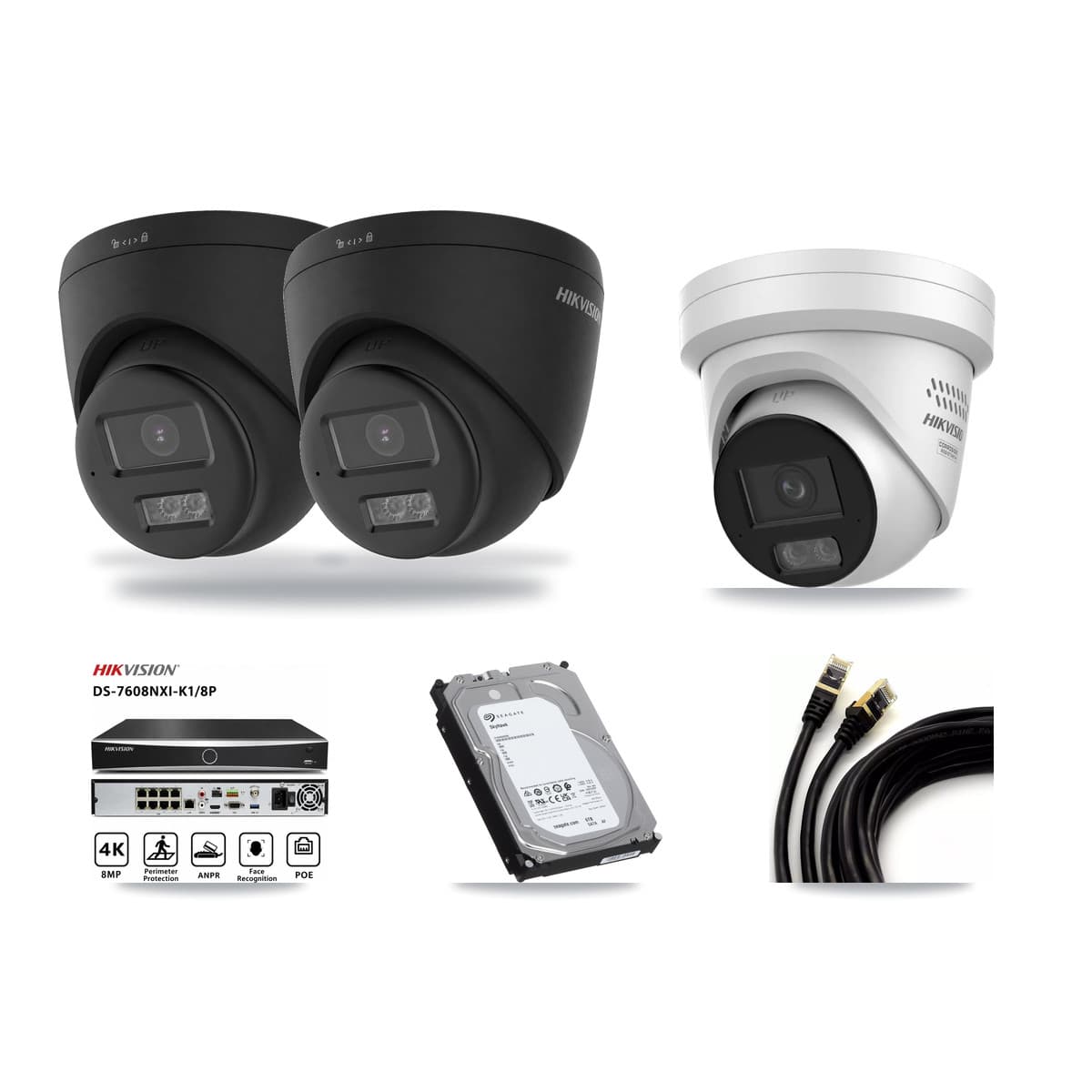 Hikvision 8-Channel 4MP – 4K CCTV Kit — 2 Black 4K + 1 4MP Turret Cameras + 6TB Recording (DS-7608NXI Recorder) - Image 1