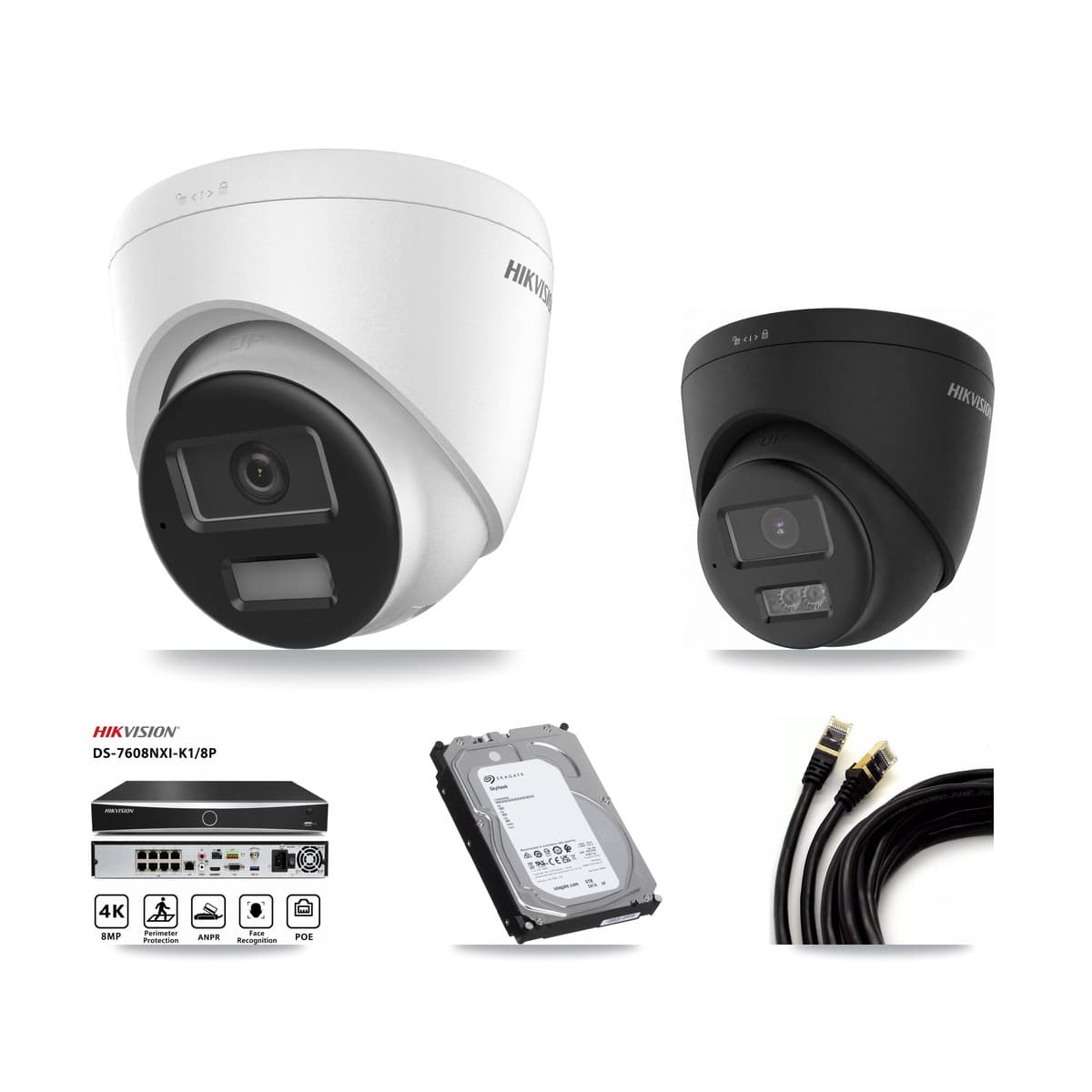 Hikvision 8-Channel 4K CCTV Kit — 1 + 1 Black Turret Cameras + 6TB Recording (DS-7608NXI Recorder)