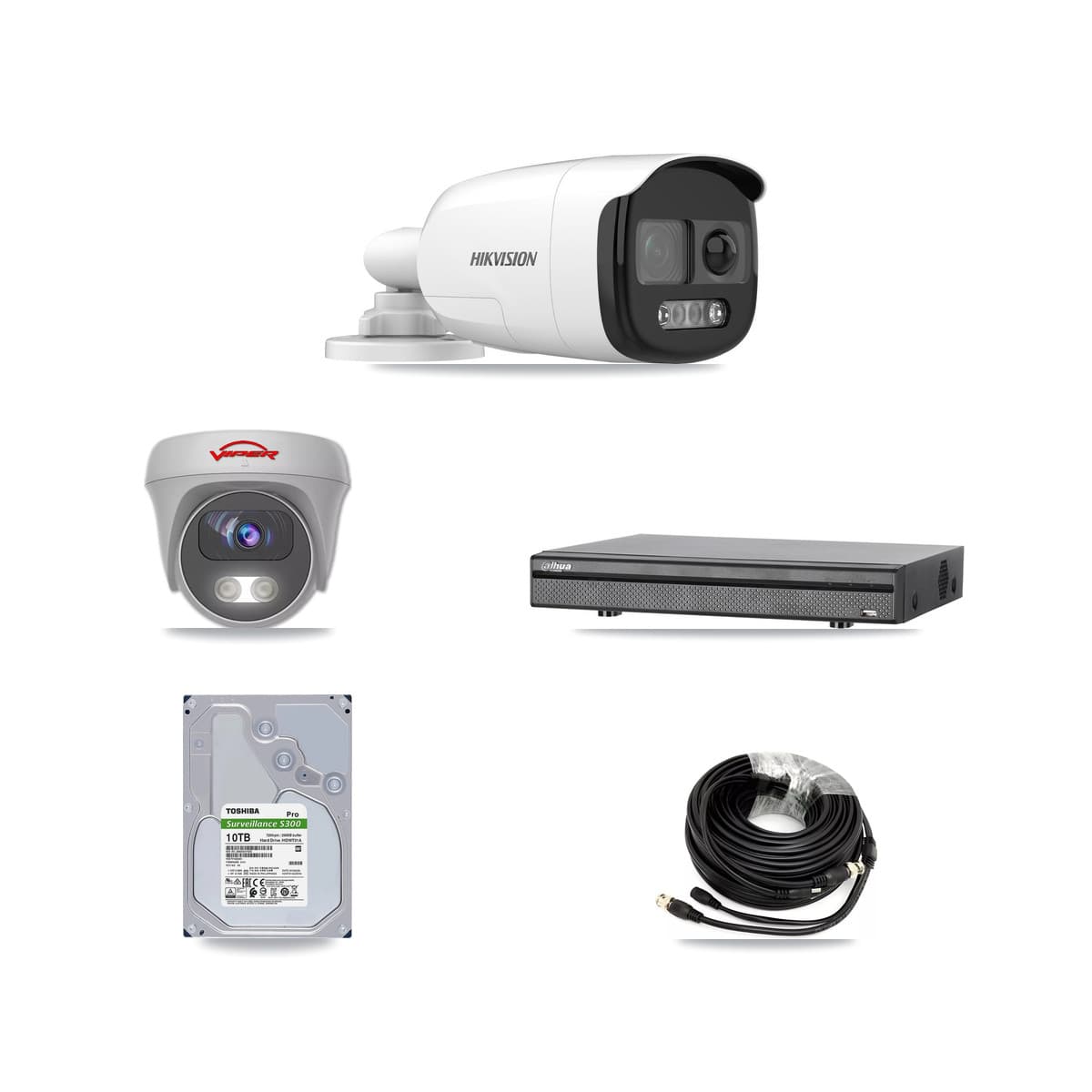8-Channel 5MP CCTV Kit — 7 DS-2CE12KF3T Bullet + 1 White VIPER-5MP-3K Cameras + 10TB Recording (DH-XVR5108H Recorder)