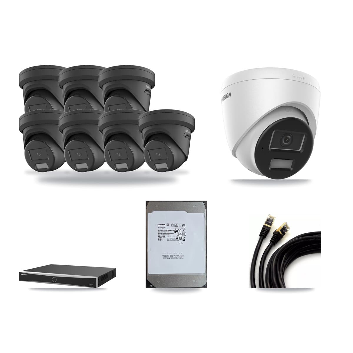 Hikvision 16-Channel 4MP CCTV Kit — 1 DS-2CD1343G2 + 7 Black DS-2CD2347G2 Turret Cameras + 14TB Recording (DS-7616NXI Recorder) - Image 1