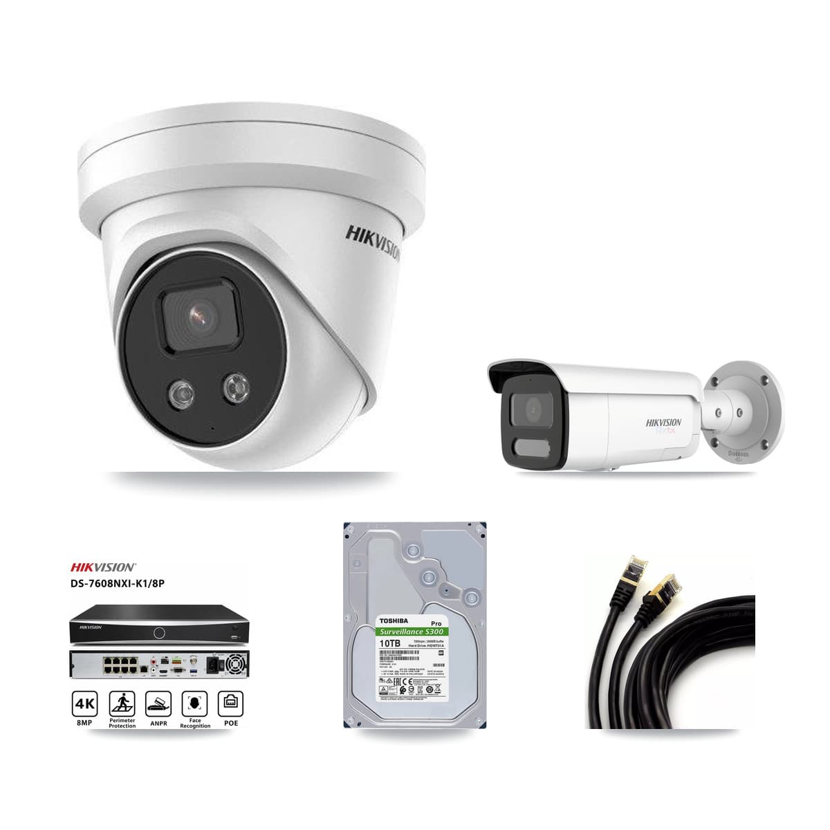 Hikvision 8-Channel 5MP – 4K CCTV Kit — 1 4K Bullet + 7 5MP Turret Cameras + 10TB Recording