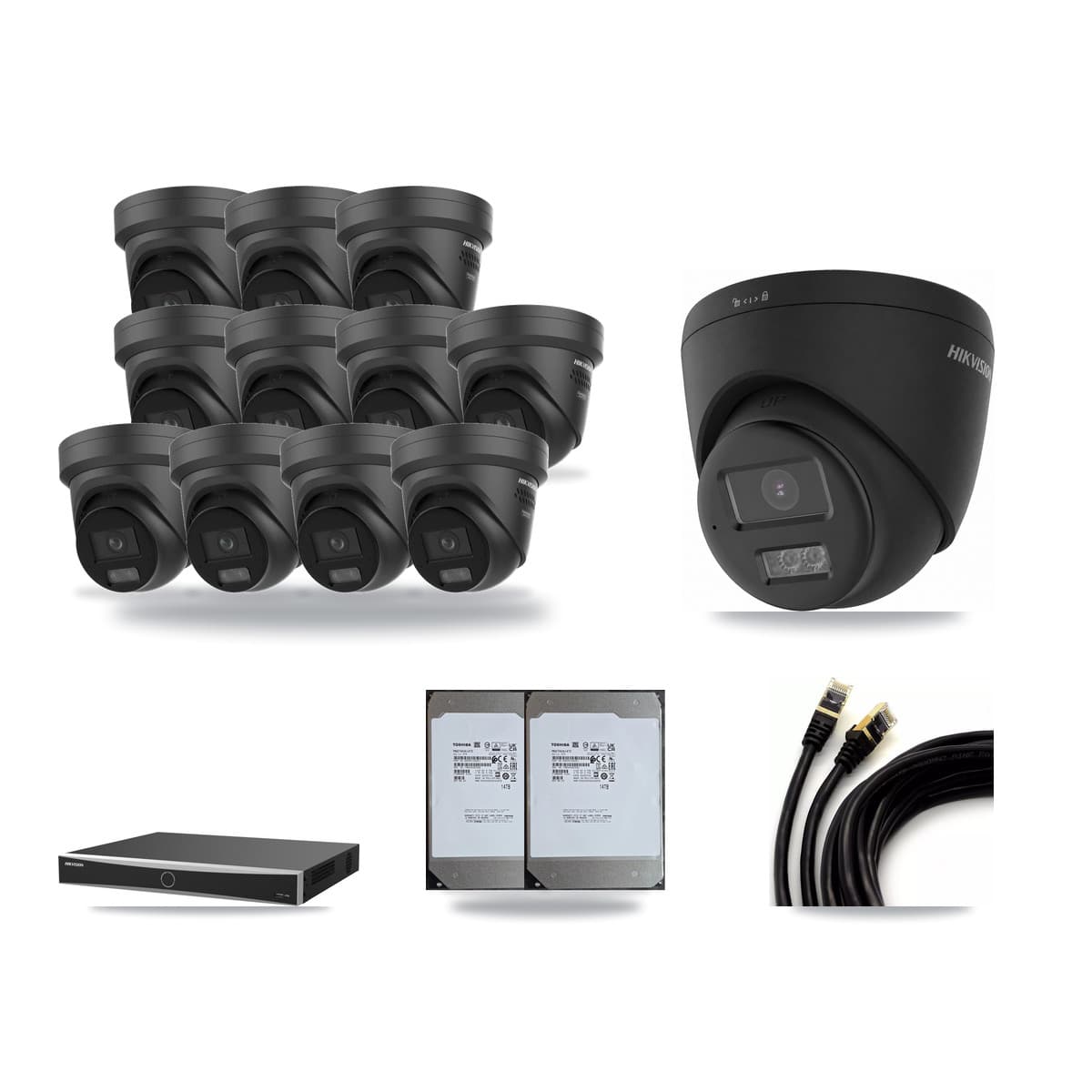 Hikvision 16-Channel 4K CCTV Kit — 1 Black DS-2CD1383G2 + 11 Black DS-2CD2387G3 Turret Cameras + 2× 14TB Recording (DS-7616NXI Recorder) - Image 1