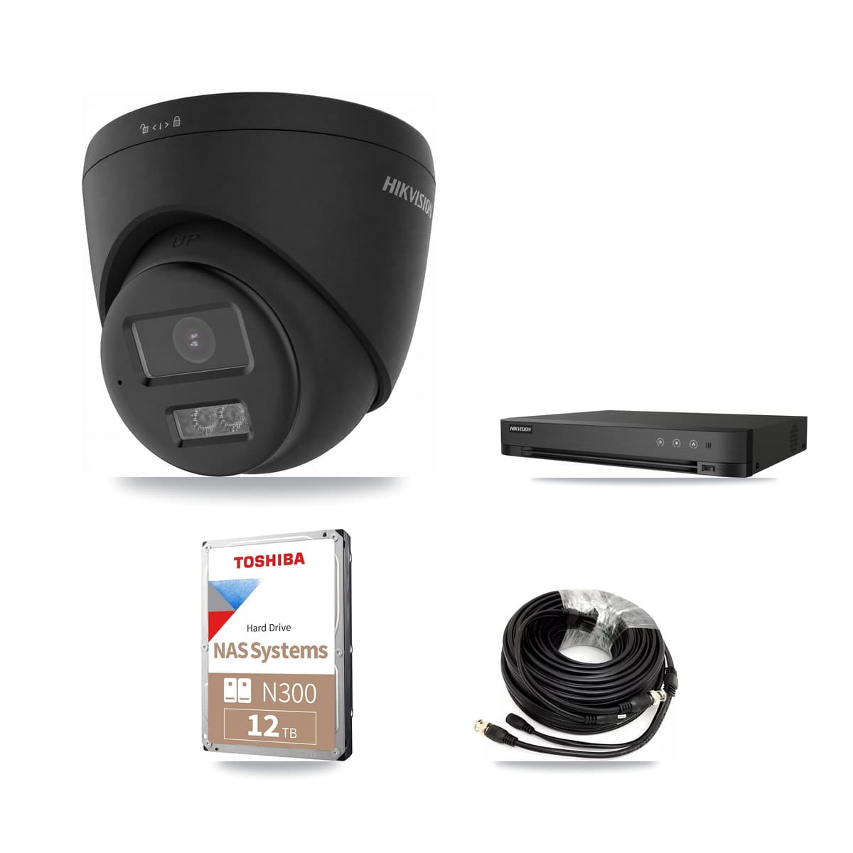 Hikvision 4-Channel 4K CCTV Kit — 4 Black Turret Cameras + 12TB Recording