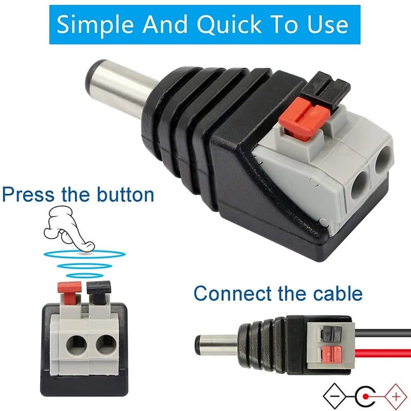DC 2.1mm female power connector showing compatibility with standard DC male plug