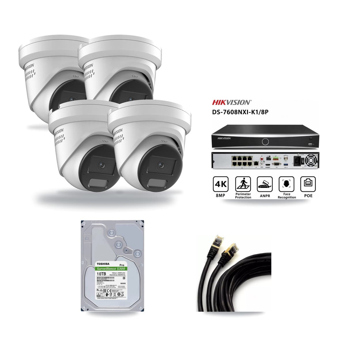 Hikvision 8-Channel 4K CCTV Kit — 4 DS-2CD2387G2H Turret Cameras + 10TB Recording (DS-7608NXI Recorder) - Image 1