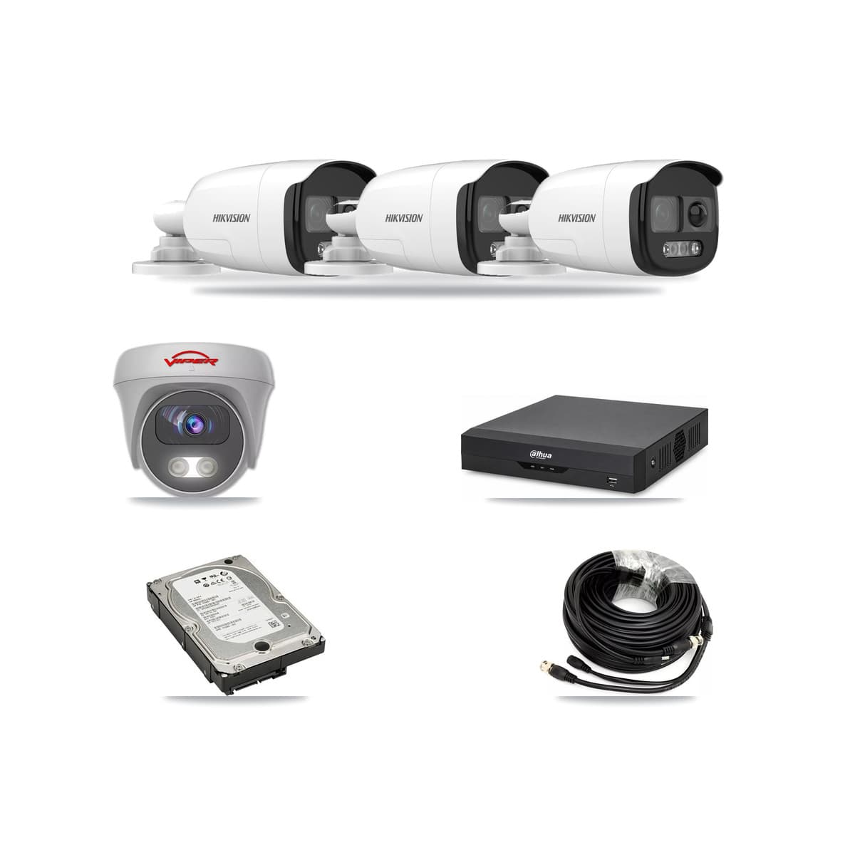 4-Channel 5MP CCTV Kit — 3 DS-2CE12KF3T Bullet + 1 VIPER-5MP-3K Cameras + 5TB Recording - Image 1