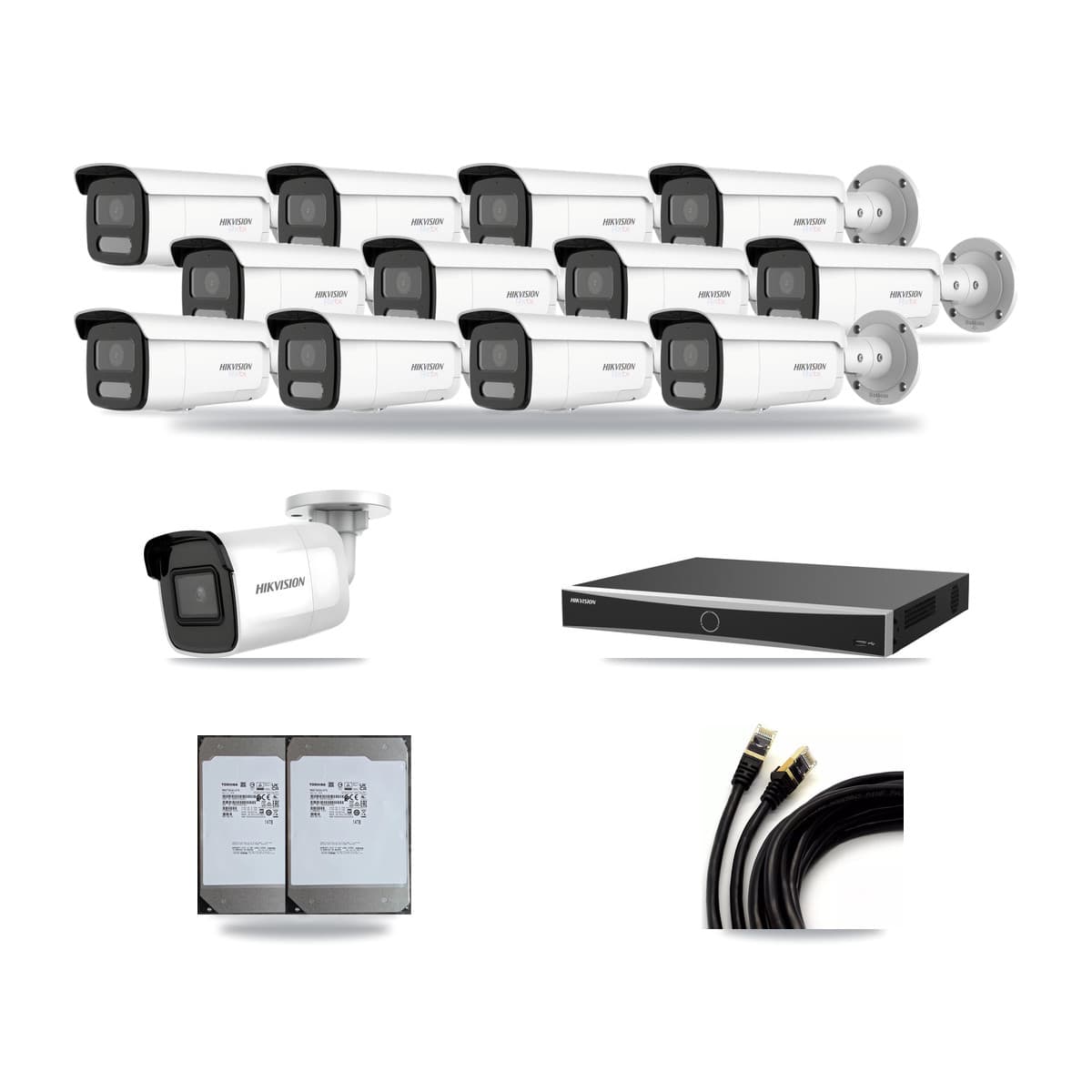 Hikvision 16-Channel 4K CCTV Kit — 1 DS-2CD2085G1 + 12 White DS-2CD2T87G2H Bullet Cameras + 2× 14TB Recording (DS-7616NXI Recorder) - Image 1