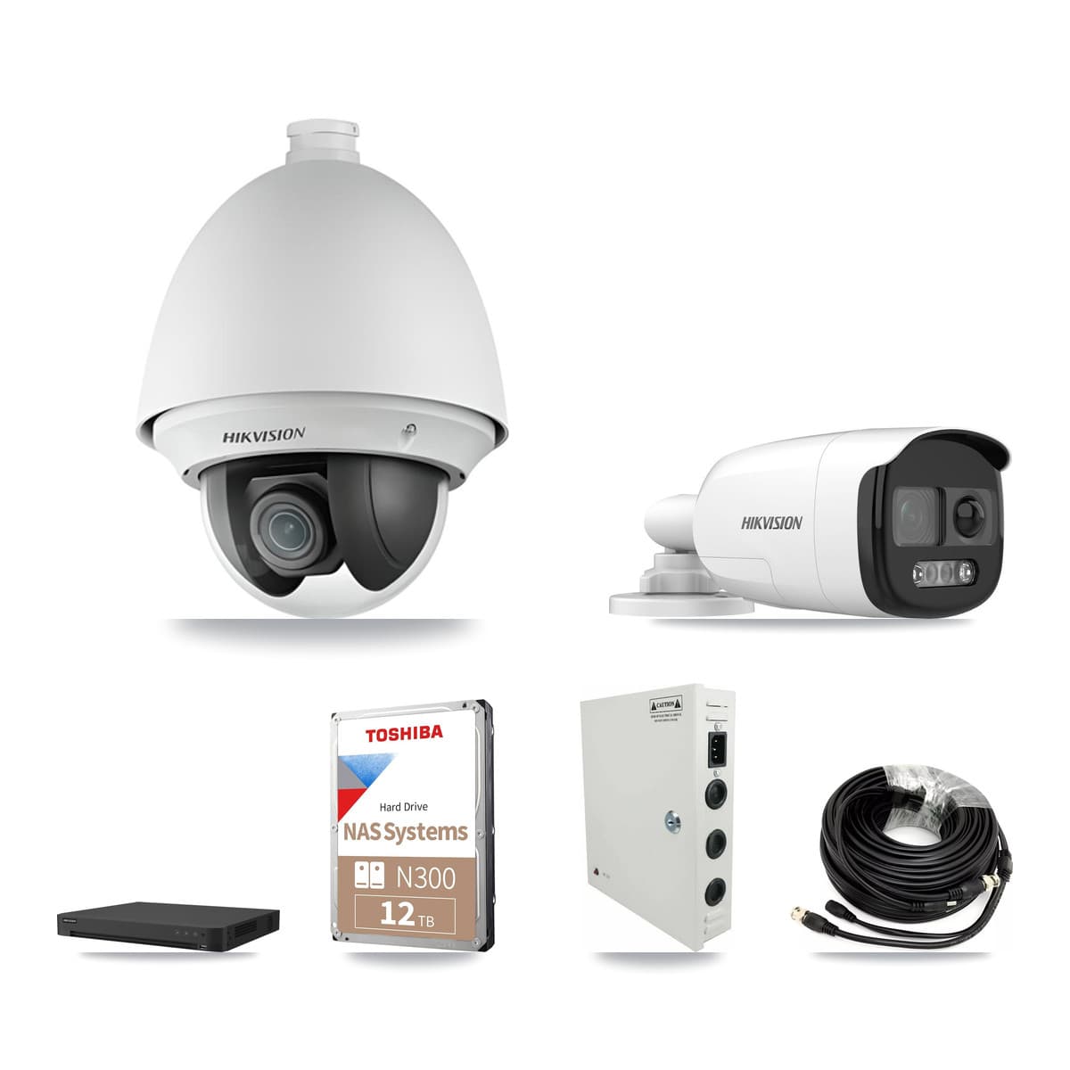 Hikvision 32-Channel 2MP – 5MP CCTV Kit — 12 DS-2AE4225T 2MP PTZ + 12 DS-2CE12KF3T 5MP Bullet Cameras + 2× 12TB Recording