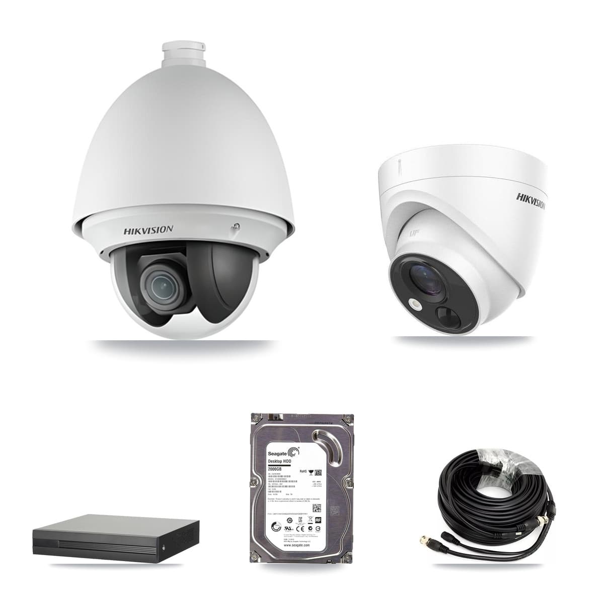 Hikvision 4-Channel 2MP – 5MP CCTV Kit — 1 DS-2AE4225T 2MP PTZ + 1 DS-2CE71H0T 5MP Turret Cameras + 2TB Recording (XVR-3104HS Recorder)