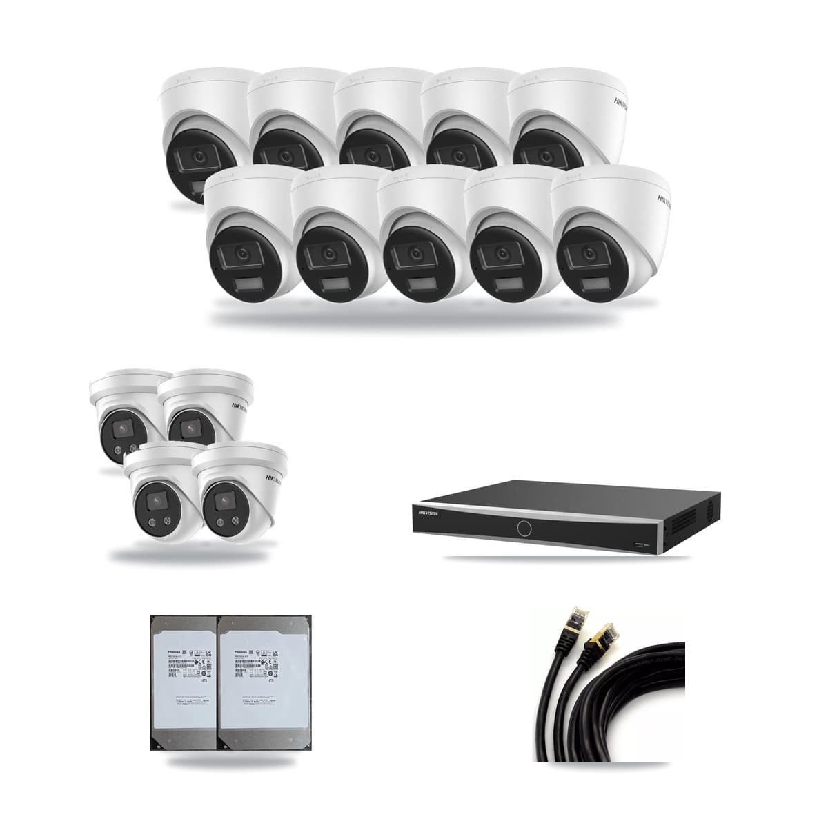 Hikvision 16-Channel 5MP – 4K CCTV Kit — 10 DS-2CD1383G2-LIUF/SL 4K + 4 DS-2CD3356G2-ISU 5MP Turret Cameras + 2× 14TB Recording (DS-7616NXI-K2/16P(E) Recorder) - Image 1