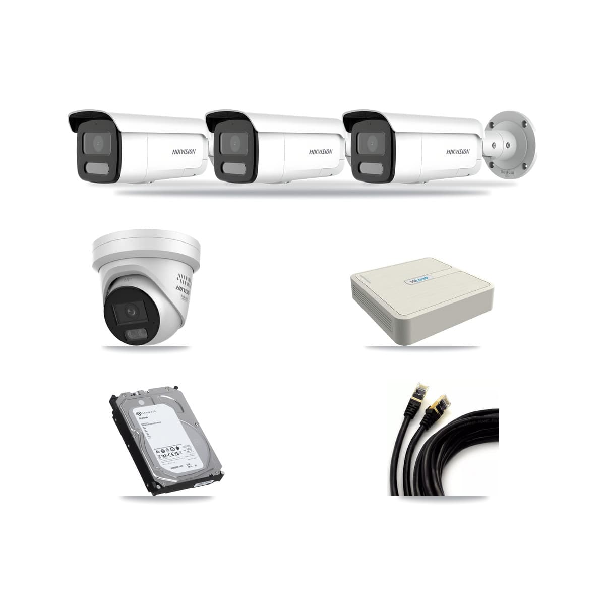 Hikvision & HiLook 8-Channel 4MP CCTV Kit — 1 DS-2CD2347G3 Turret + 3 DS-2CD2T47G2H Bullet Cameras + 6TB Recording (NVR-108H-D Recorder) - Image 1