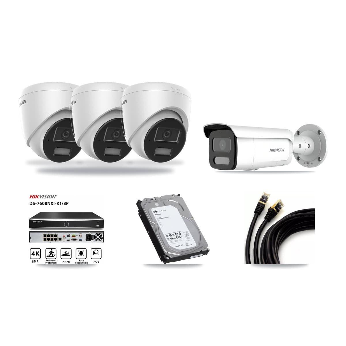 Hikvision 8-Channel 4MP CCTV Kit — 3 Turret + 1 Bullet Cameras + 6TB Recording (DS-7608NXI Recorder) - Image 1