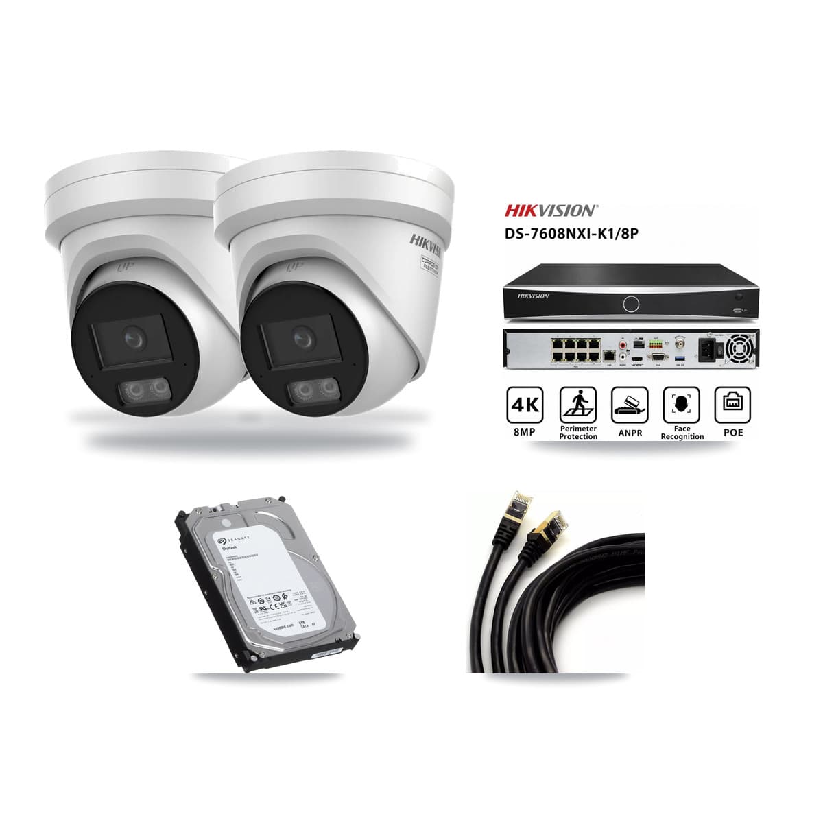 Hikvision 8-Channel 4K CCTV Kit — 2 DS-2CD2387G3 Turret Cameras + 6TB Recording (DS-7608NXI Recorder) - Image 1