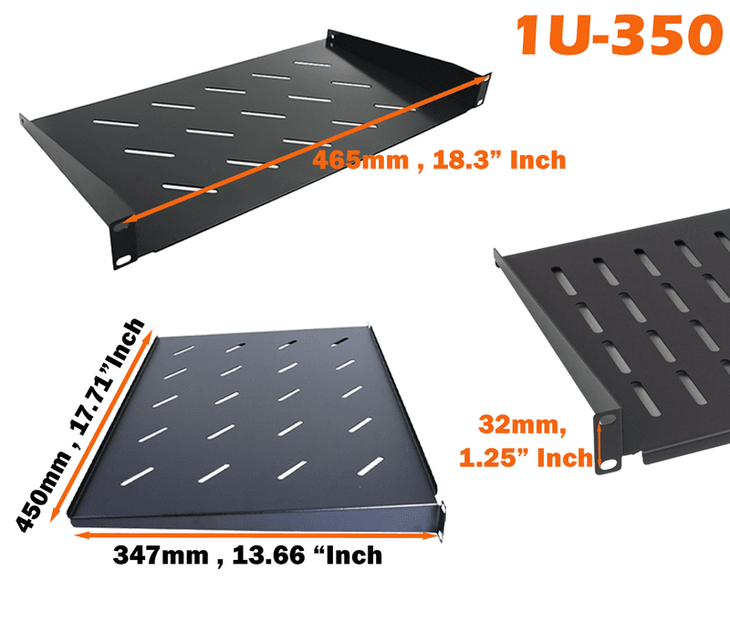 1U cantilever shelf 350mm depth with ventilated surface, side profile showing mounting brackets