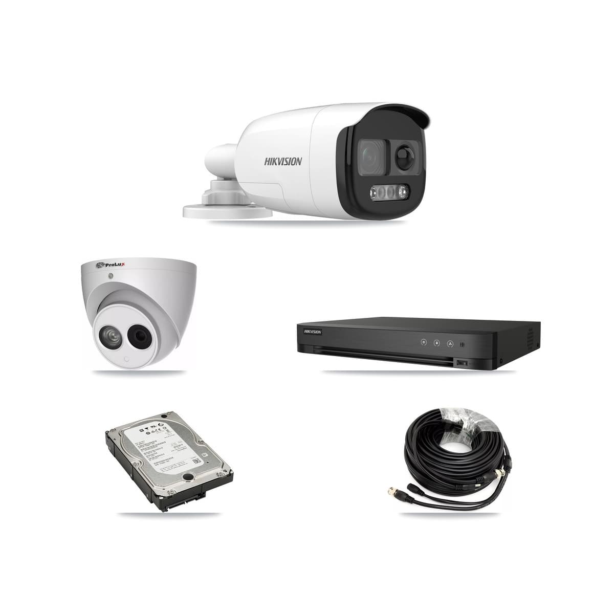 Hikvision & Prolux 4-Channel 4MP – 5MP CCTV Kit — 3 DS-2CE12KF3T 5MP Bullet + 1 PXC-612C4W-A 4MP Turret Cameras + 5TB Recording (IDS-7204HQHI Recorder)