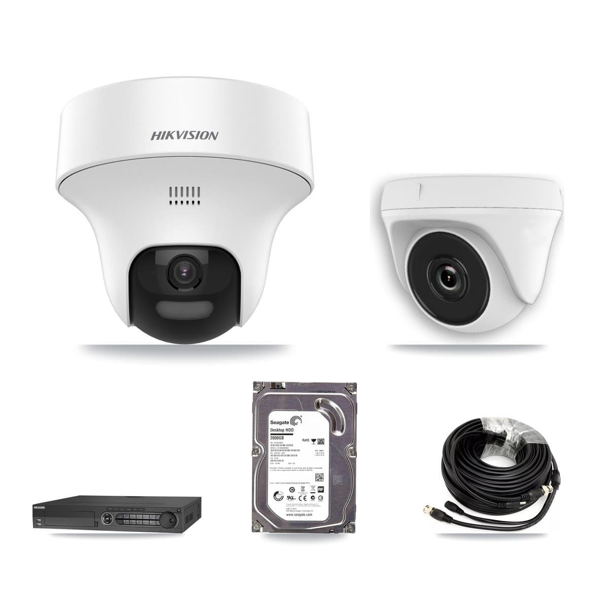 Hikvision 32-Channel 2MP – 5MP CCTV Kit — 1 DS-2CE70K0T 5MP Turret + 1 White HDT-2MP-N20W 2MP Dome Cameras + 2TB Recording (DS-7332HQHI Recorder)