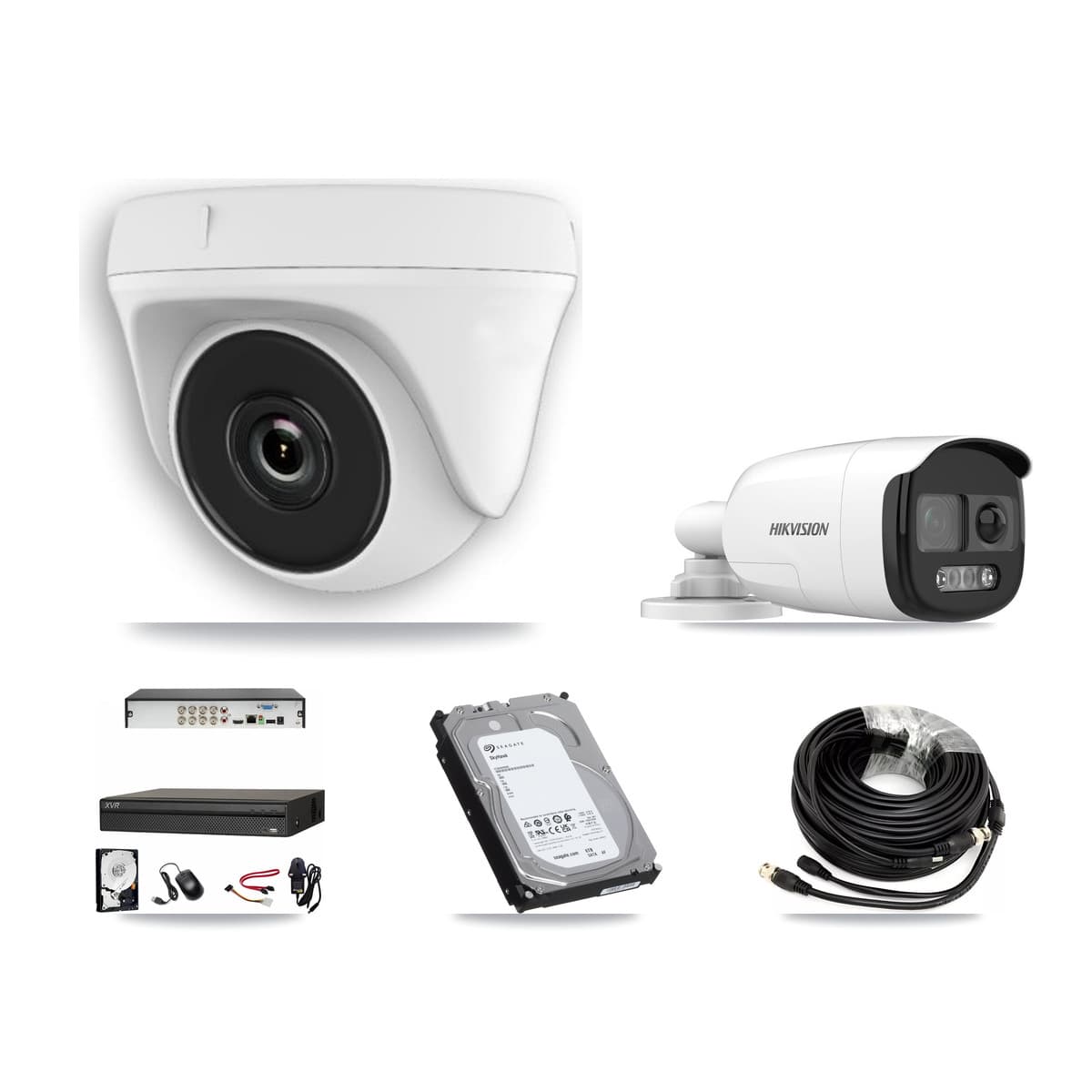 Hikvision & Dahua 8-Channel 2MP – 5MP CCTV Kit — 1 DS-2CE12KF3T 5MP Bullet + 7 White HDT-2MP-N20W 2MP Dome Cameras + 6TB Recording