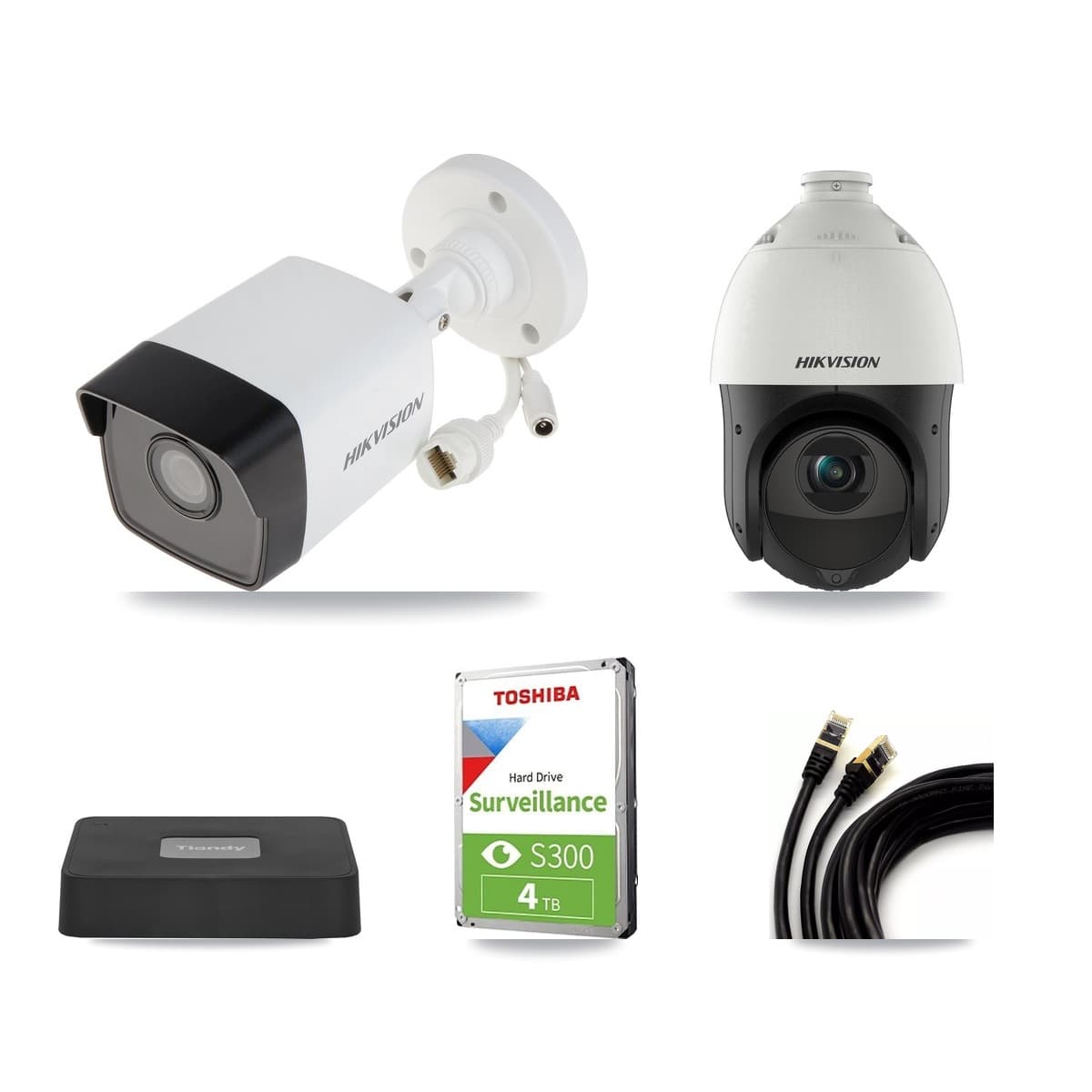 Hikvision & Tiandy 4-Channel 4MP – 5MP CCTV Kit — 2 DS-2CD1053G0 5MP Bullet + 1 DS-2DE4425IW 4MP PTZ Cameras + 4TB Recording