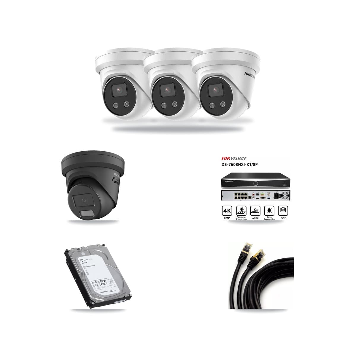 Hikvision 8-Channel 4MP – 5MP CCTV Kit — 1 Black 4MP + 3 5MP Turret Cameras + 6TB Recording (DS-7608NXI Recorder) - Image 1