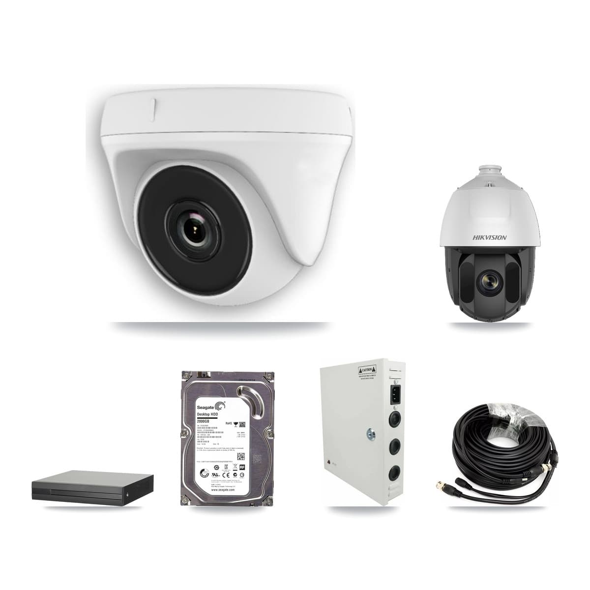 Hikvision 4-Channel 2MP CCTV Kit — 1 DS-2AE5225TI PTZ + 2 White HDT-2MP-N20W Dome Cameras + 2TB Recording (XVR-3104HS Recorder) - Image 1