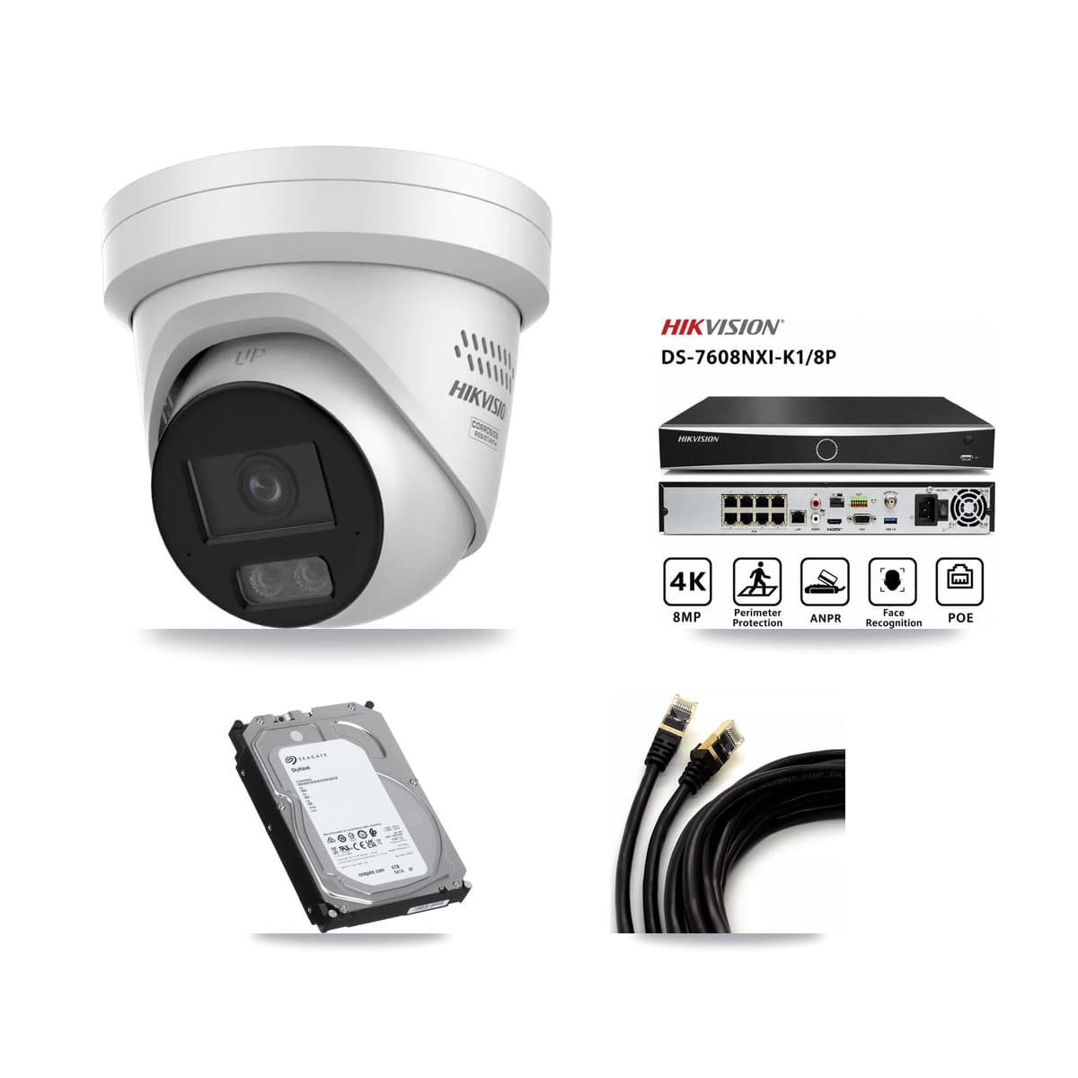 Hikvision 8-Channel 4MP CCTV Kit — 4 DS-2CD2347G3 Turret Cameras + 6TB Recording (DS-7608NXI Recorder)