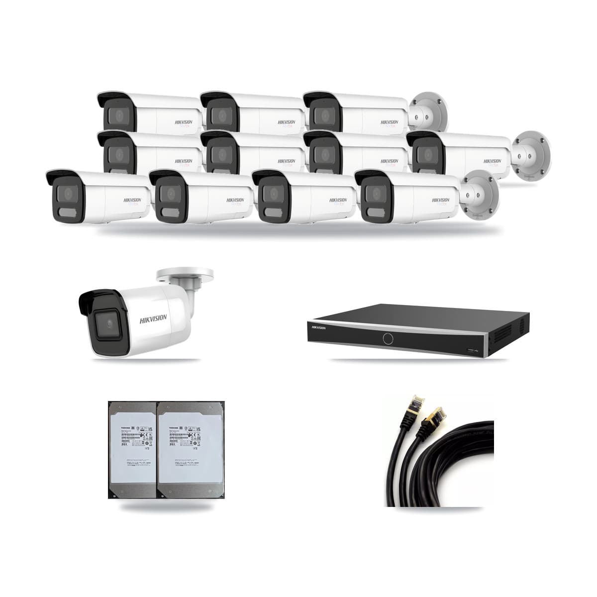 Hikvision 16-Channel 4K CCTV Kit — 1 DS-2CD2085G1 + 11 White DS-2CD2T87G2H Bullet Cameras + 2× 14TB Recording (DS-7616NXI Recorder) - Image 1