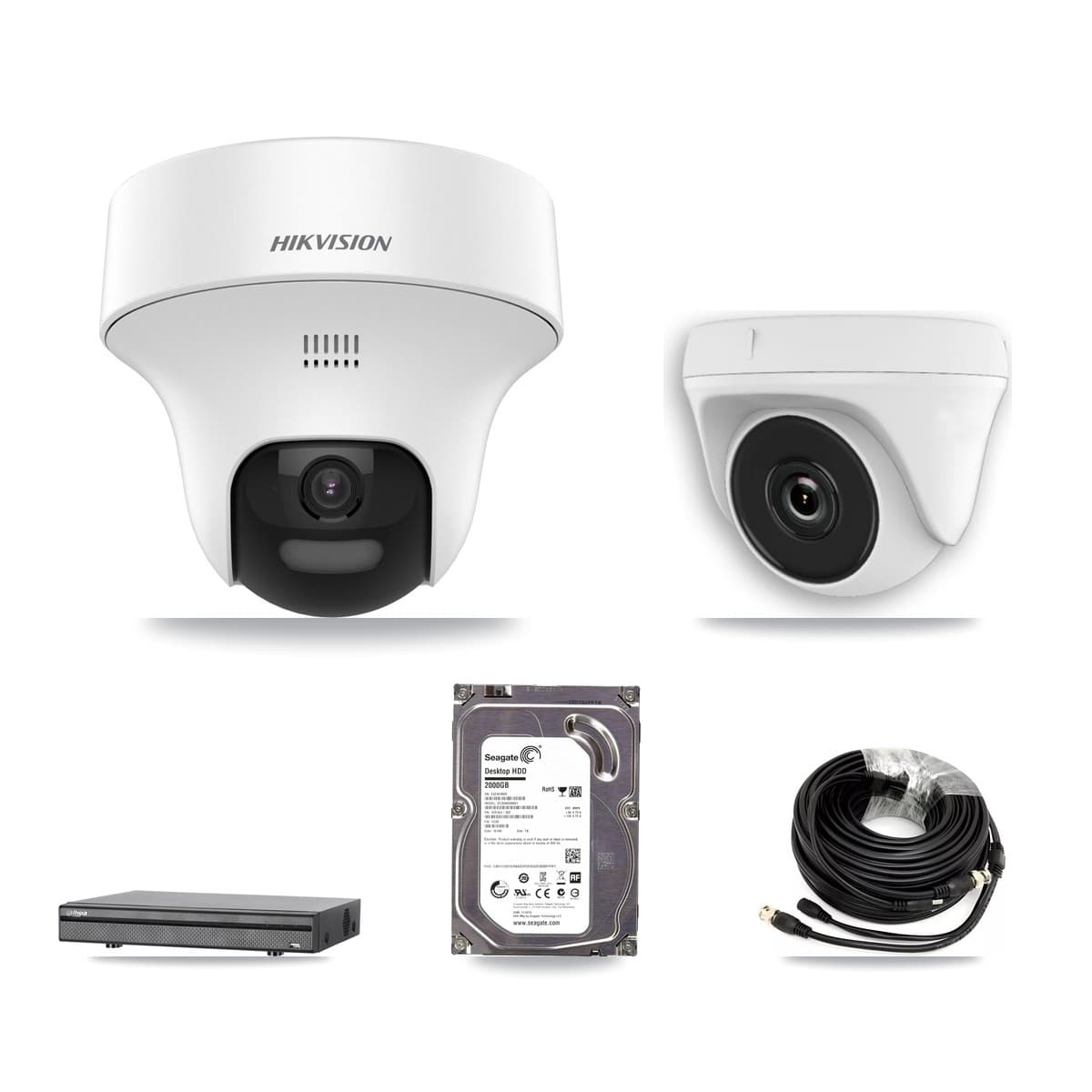 Hikvision & Dahua 8-Channel 2MP – 5MP CCTV Kit — 1 DS-2CE70K0T 5MP Turret + 1 White HDT-2MP-N20W 2MP Dome Cameras + 2TB Recording (DH-XVR5108H Recorder) - Image 1
