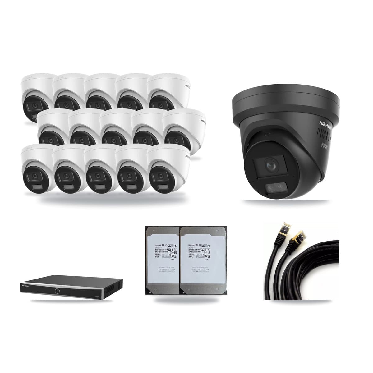 Hikvision 16-Channel 4K CCTV Kit — 15 DS-2CD1383G2 + 1 Black DS-2CD2387G3 Turret Cameras + 2× 14TB Recording (DS-7616NXI Recorder) - Image 1