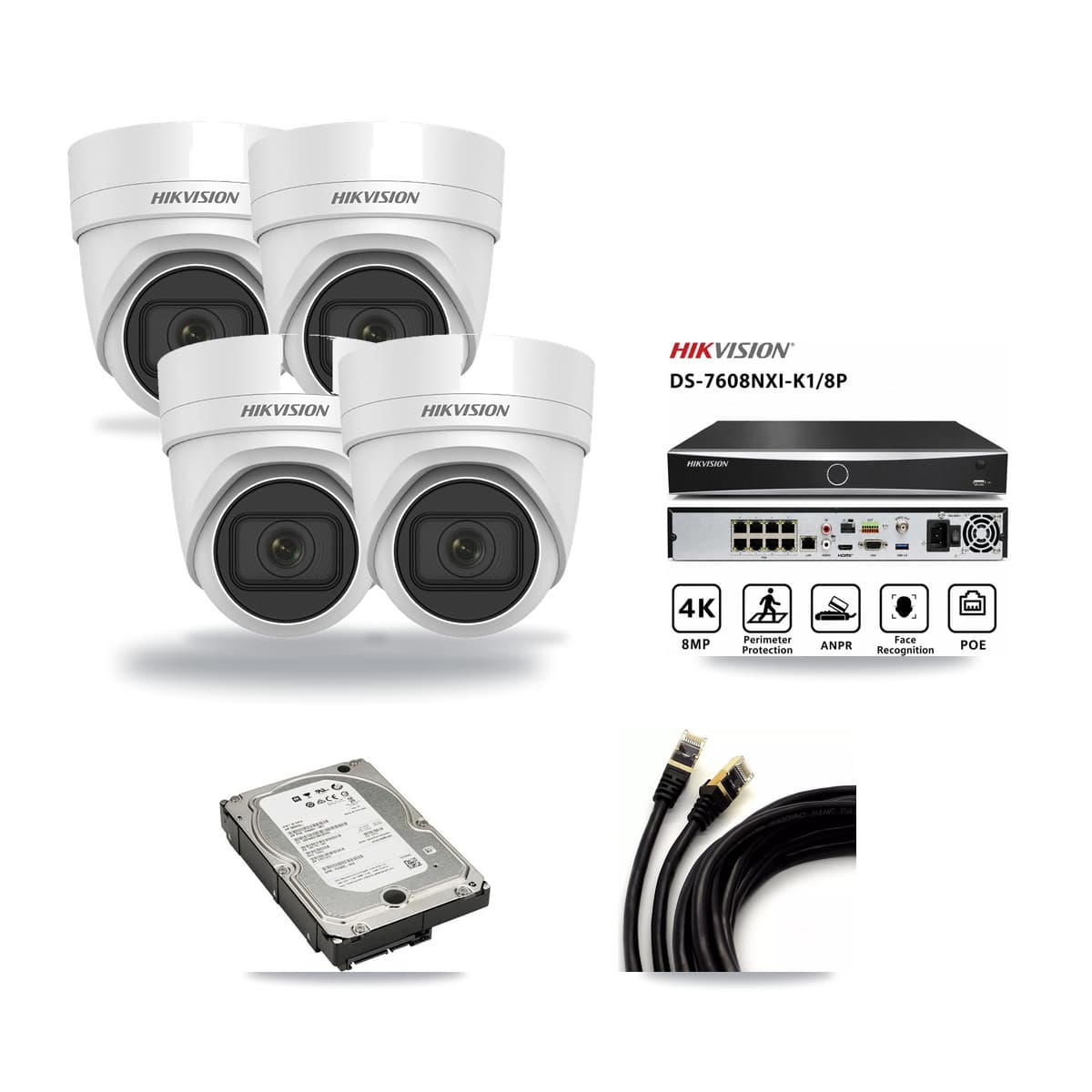 Hikvision 8-Channel 4MP CCTV Kit — 4 DS-2CD2H45FWD Turret Cameras + 5TB Recording (DS-7608NXI Recorder) - Image 1