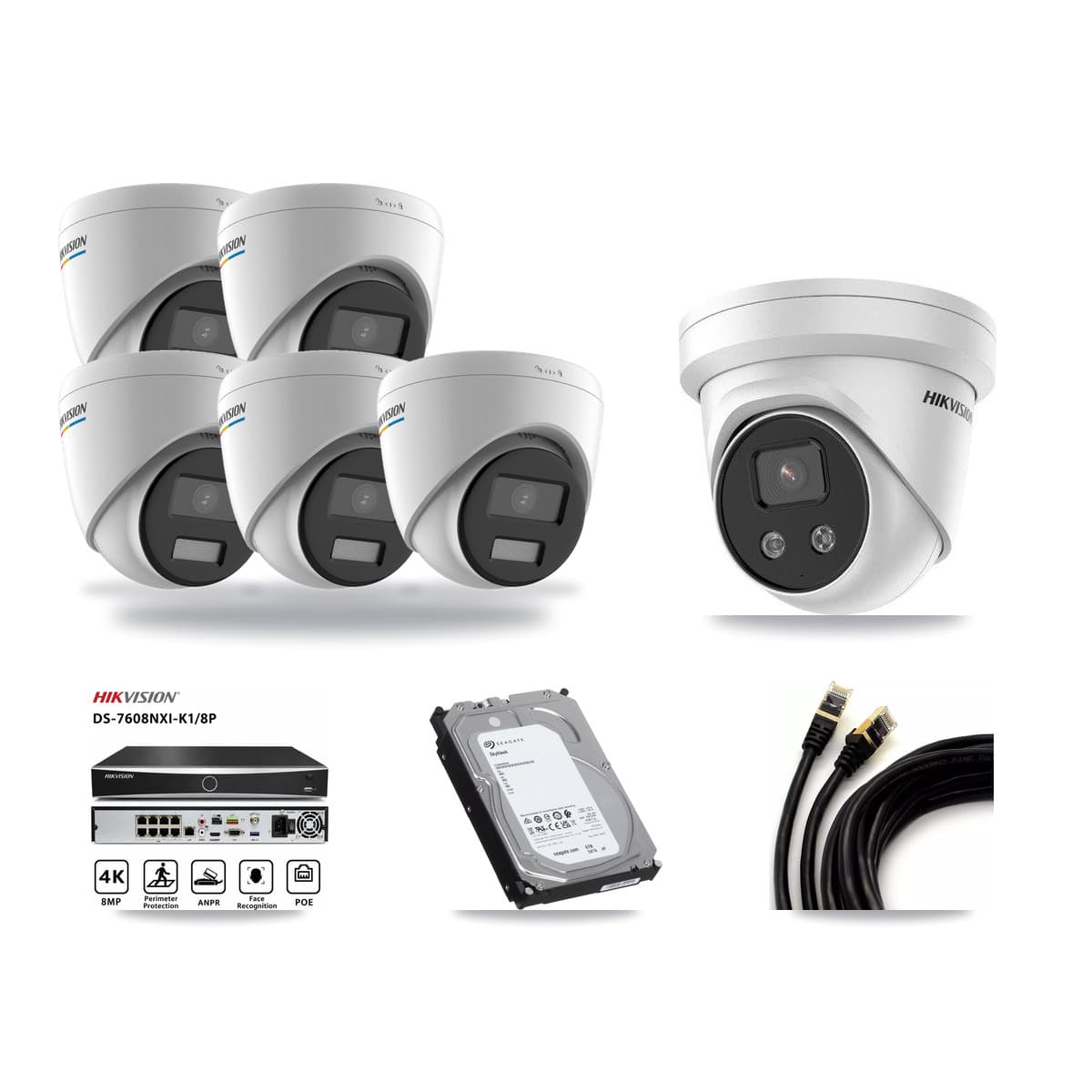 Hikvision 8-Channel 2MP – 5MP CCTV Kit — 5 2MP + 1 5MP Turret Cameras + 6TB Recording (DS-7608NXI Recorder) - Image 1