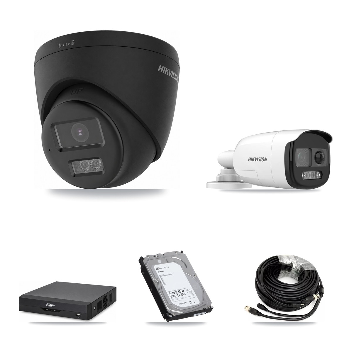 Hikvision & Dahua 4-Channel 5MP – 4K CCTV Kit — 1 5MP Bullet + 2 Black 4K Turret Cameras + 6TB Recording