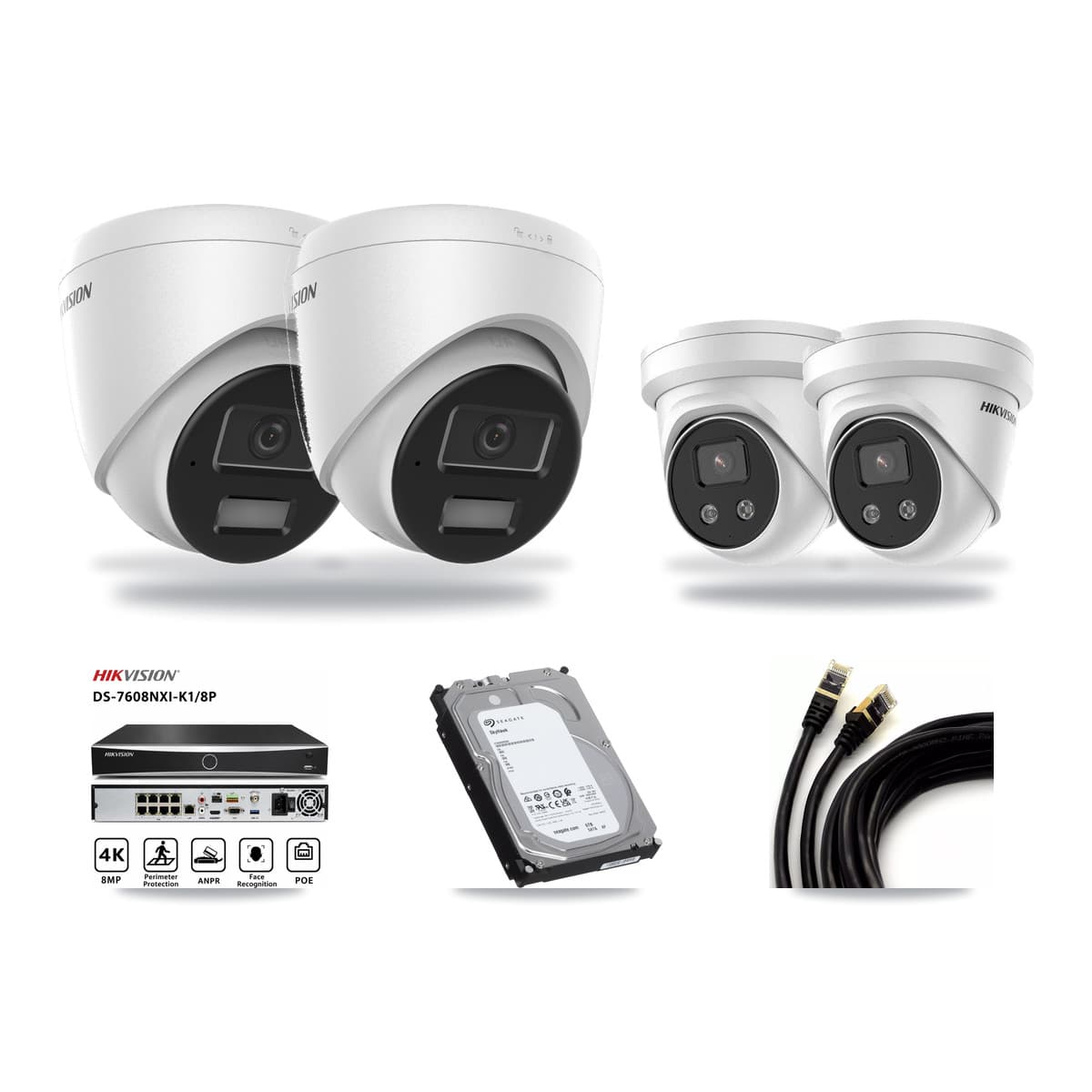 Hikvision 8-Channel 4MP – 5MP CCTV Kit — 2 4MP + 2 5MP Turret Cameras + 6TB Recording (DS-7608NXI Recorder) - Image 1