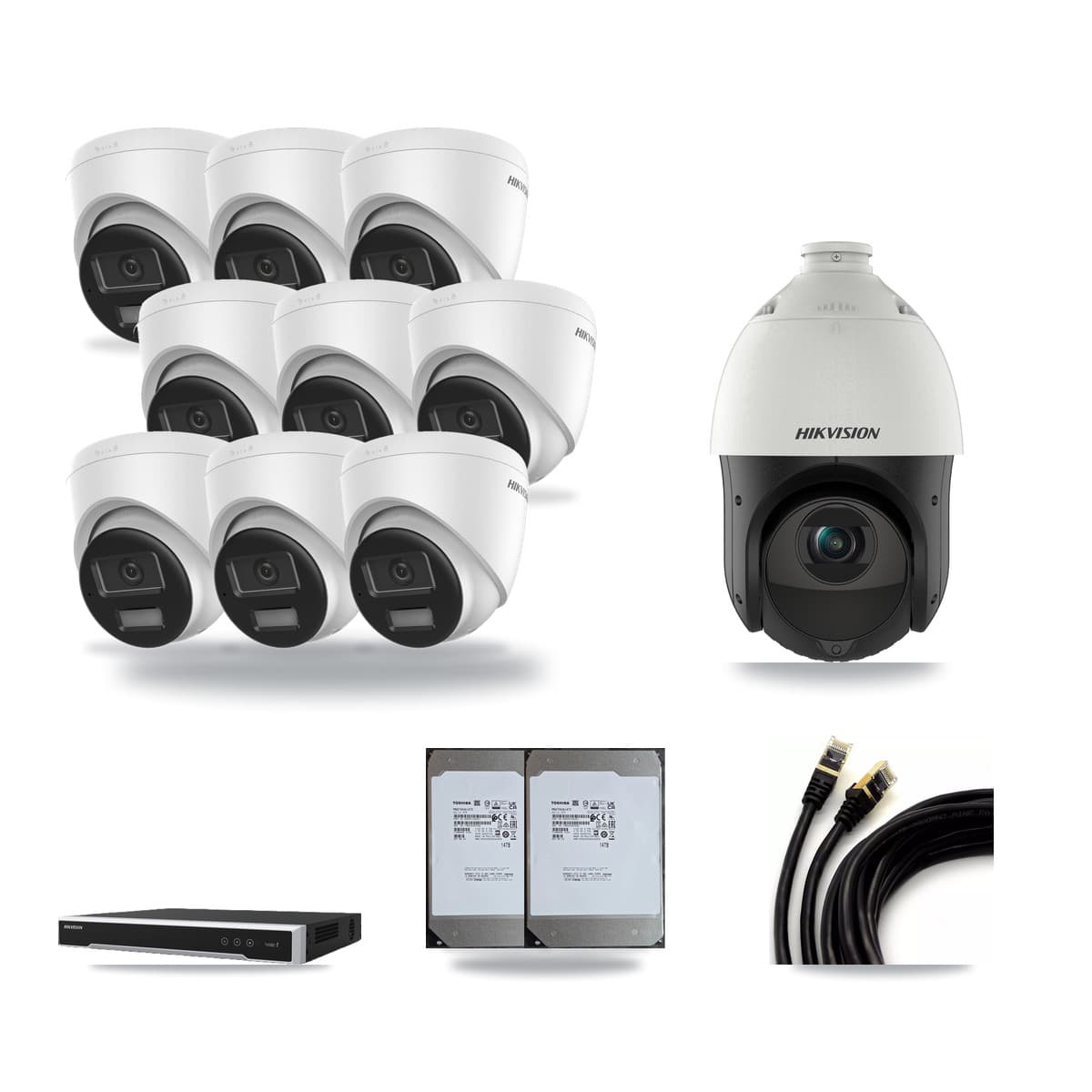 Hikvision 16-Channel 4MP – 4K CCTV Kit — 9 4K Turret + 1 4MP PTZ Cameras + 2× 14TB Recording (DS-7616NI-M2 Recorder) - Image 1