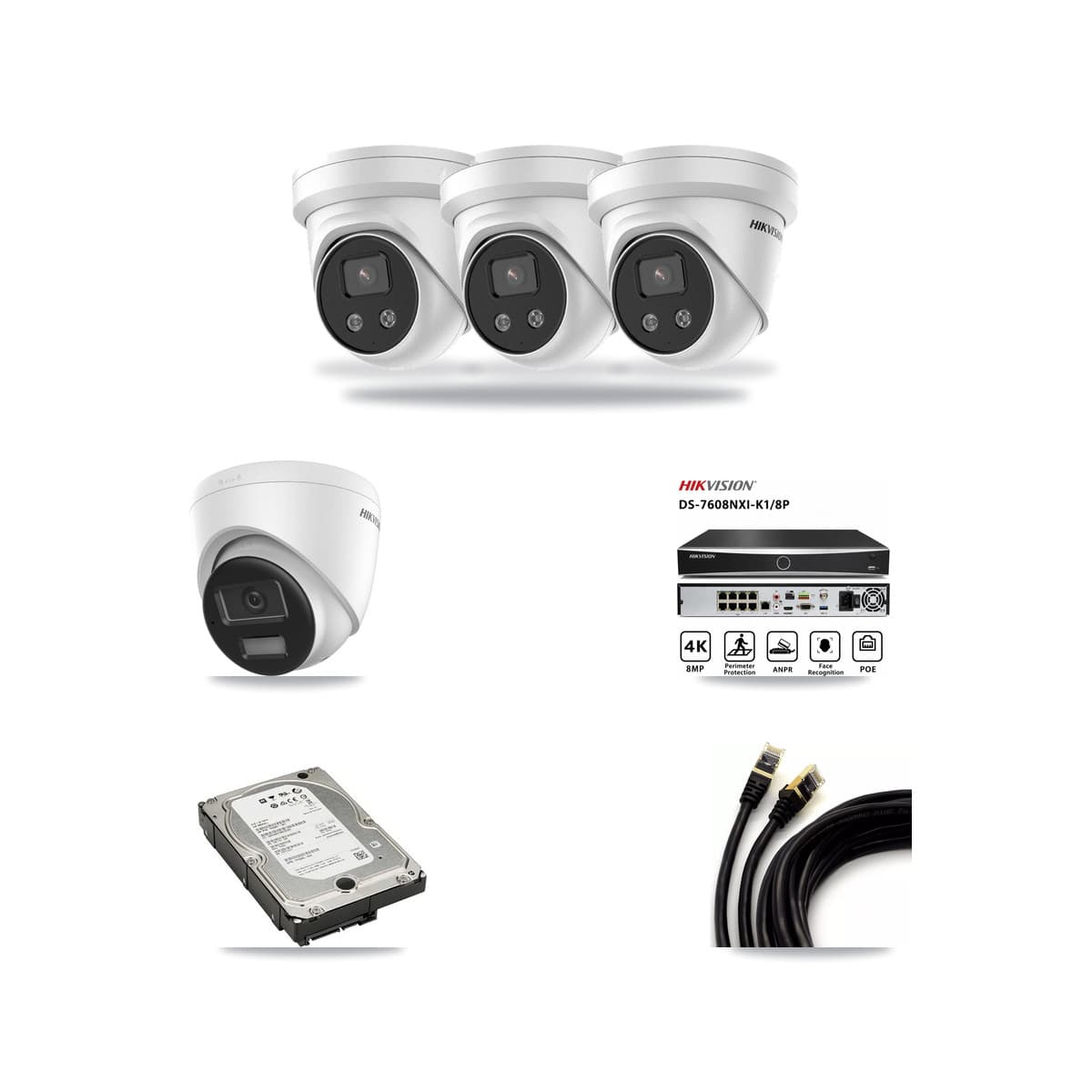 Hikvision 8-Channel 5MP – 4K CCTV Kit — 1 DS-2CD1383G2-LIUF/SL 4K + 3 DS-2CD3356G2-ISU 5MP Turret Cameras + 5TB Recording (DS-7608NXI-K1/8P Recorder) - Image 1