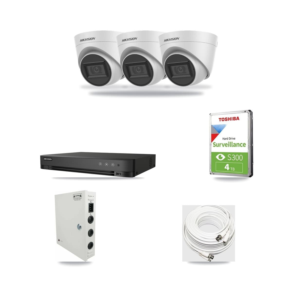 Hikvision 4-Channel 5MP CCTV Kit — 3 White Turret Cameras + 4TB Recording (DS-7204HUHI Recorder) - Image 1