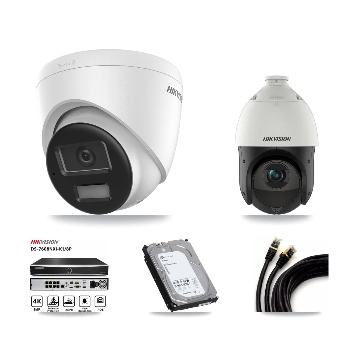Hikvision 8-Channel 4MP – 4K CCTV Kit — 2 4K Turret + 1 4MP PTZ Cameras + 6TB Recording (DS-7608NXI Recorder) - Image 1