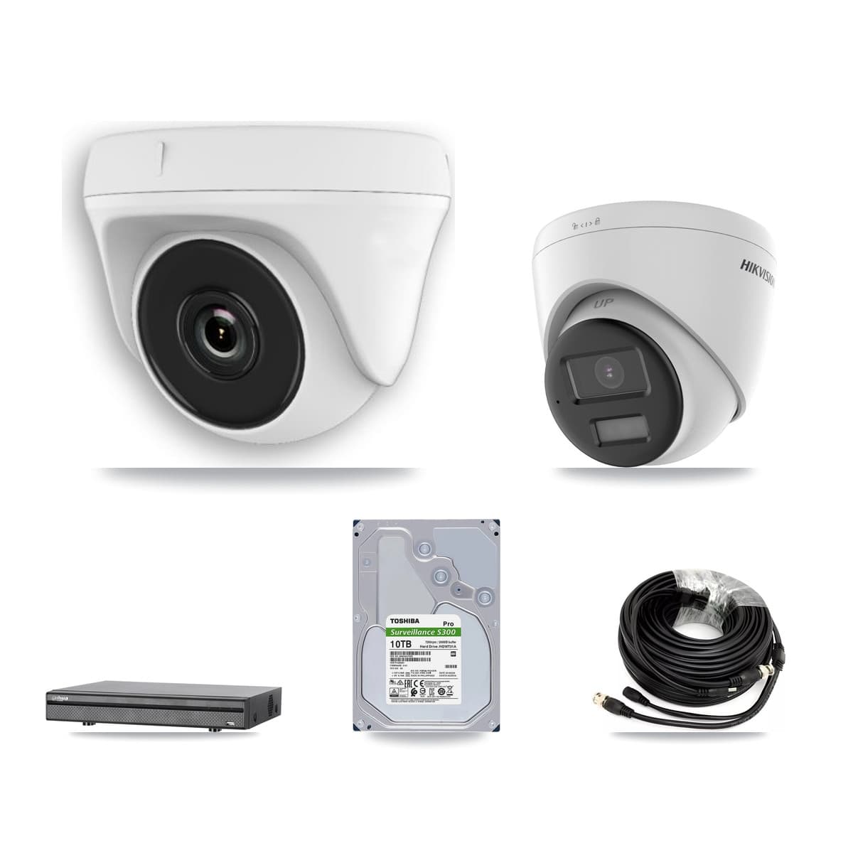 Hikvision & Dahua 8-Channel 2MP – 4K CCTV Kit — 2 4K Turret + 6 White 2MP Dome Cameras + 10TB Recording (DH-XVR5108H Recorder)