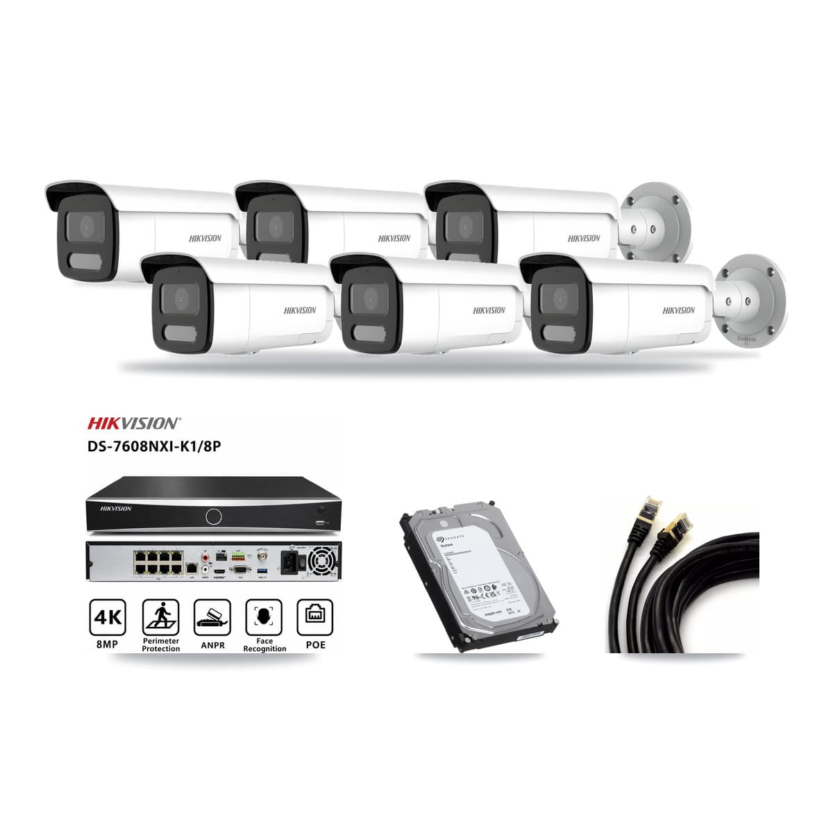 Hikvision 8-Channel 4MP – 4K CCTV Kit — 5 4MP + 1 White 4K Bullet Cameras + 6TB Recording (DS-7608NXI Recorder) - Image 1