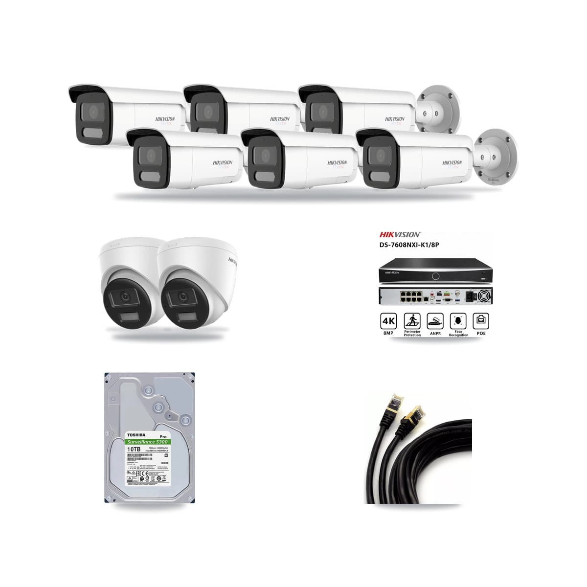 Hikvision 8-Channel 4K CCTV Kit — 2 DS-2CD1383G2-LIU Turret + 6 White DS-2CD2T87G2H-LISU/SL-2.8MM-W Bullet Cameras + 10TB Recording (DS-7608NXI-K1/8P Recorder) - Image 1