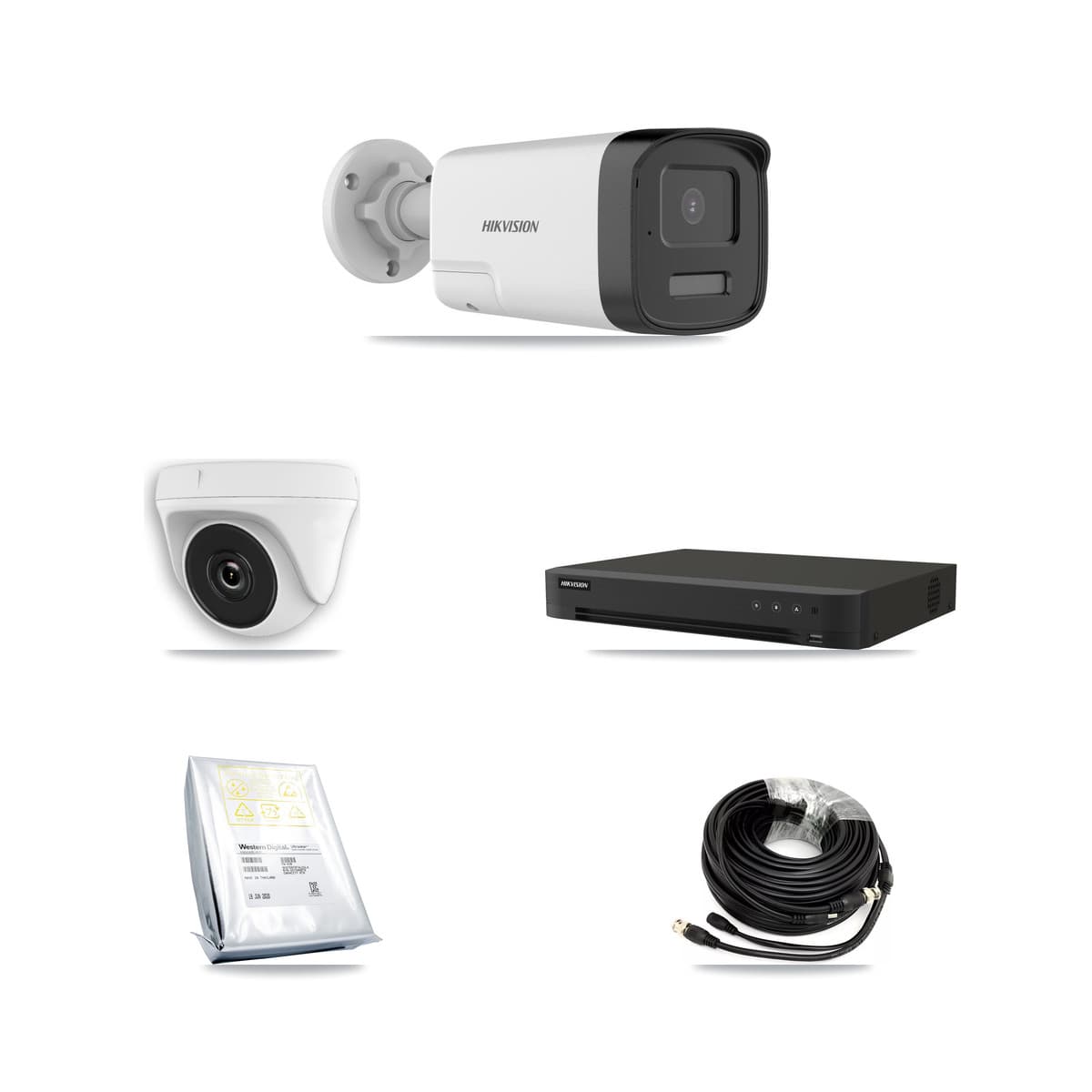 Hikvision 8-Channel 2MP – 5MP CCTV Kit — 4 DS-2CE17K0T-LXTS 5MP Bullet + 4 White HDT-2MP-N20W-2.8MM 2MP Dome Cameras + 8TB Recording (IDS-7208HUHI-M1/XT Recorder)