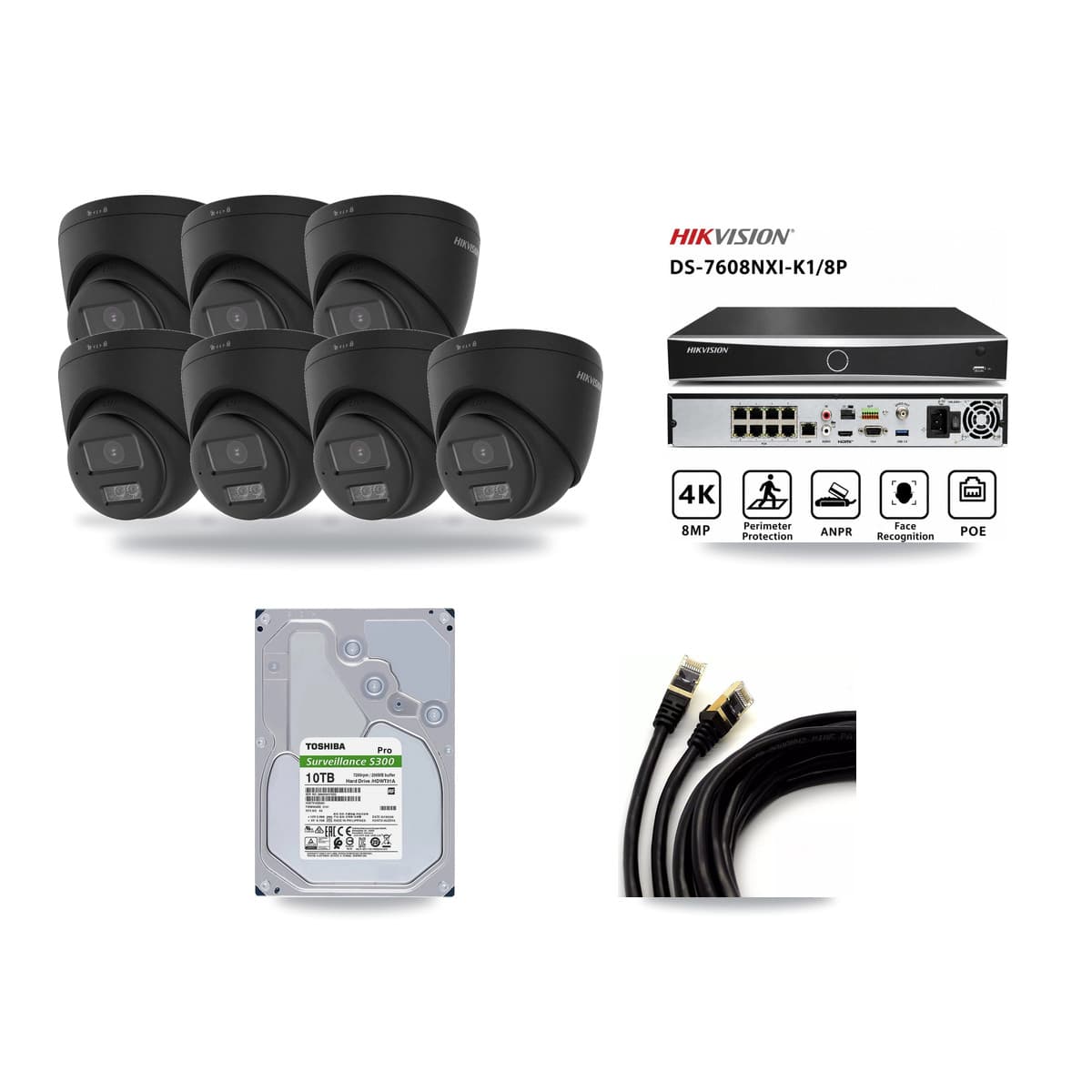Hikvision 8-Channel 4K CCTV Kit — 7 Black DS-2CD1383G2 Turret Cameras + 10TB Recording - Image 1
