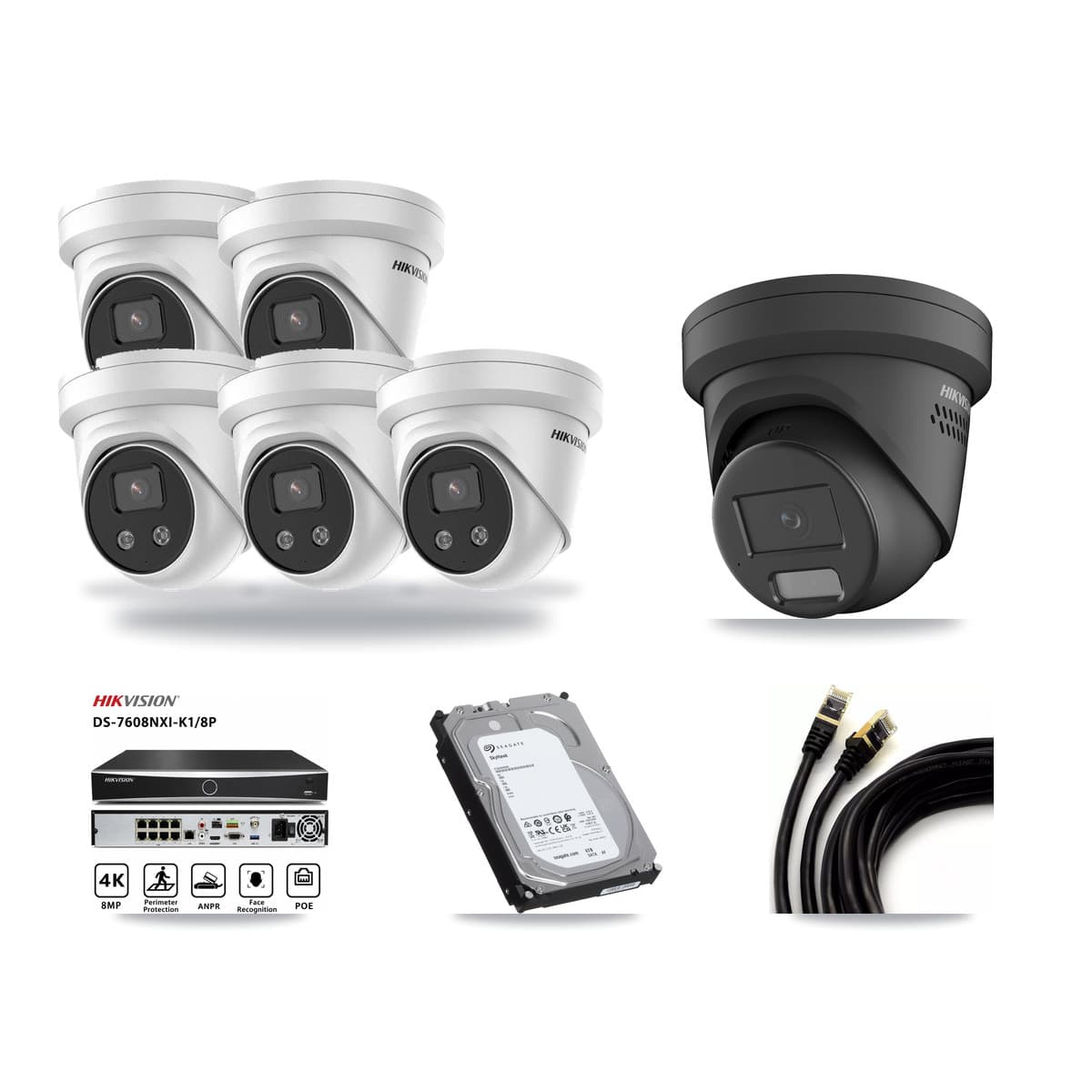 Hikvision 8-Channel 4MP – 5MP CCTV Kit — 1 Black 4MP + 5 5MP Turret Cameras + 6TB Recording (DS-7608NXI Recorder) - Image 1