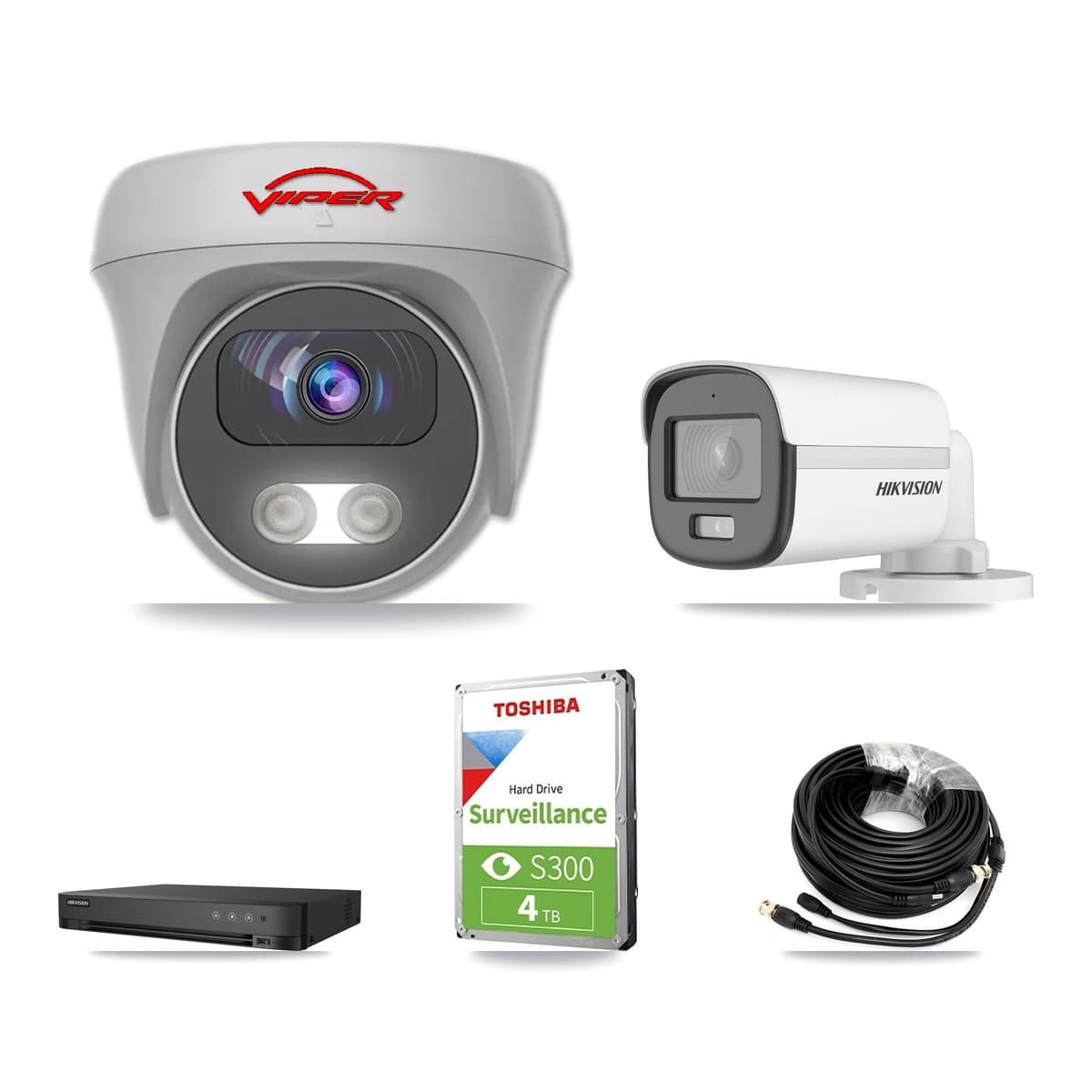 Hikvision & Viper 4-Channel 5MP CCTV Kit — 1 DS-2CE12KF0T Bullet + 2 White VIPER-5MP-3K Cameras + 4TB Recording (DS-7204HUHI Recorder) - Image 1