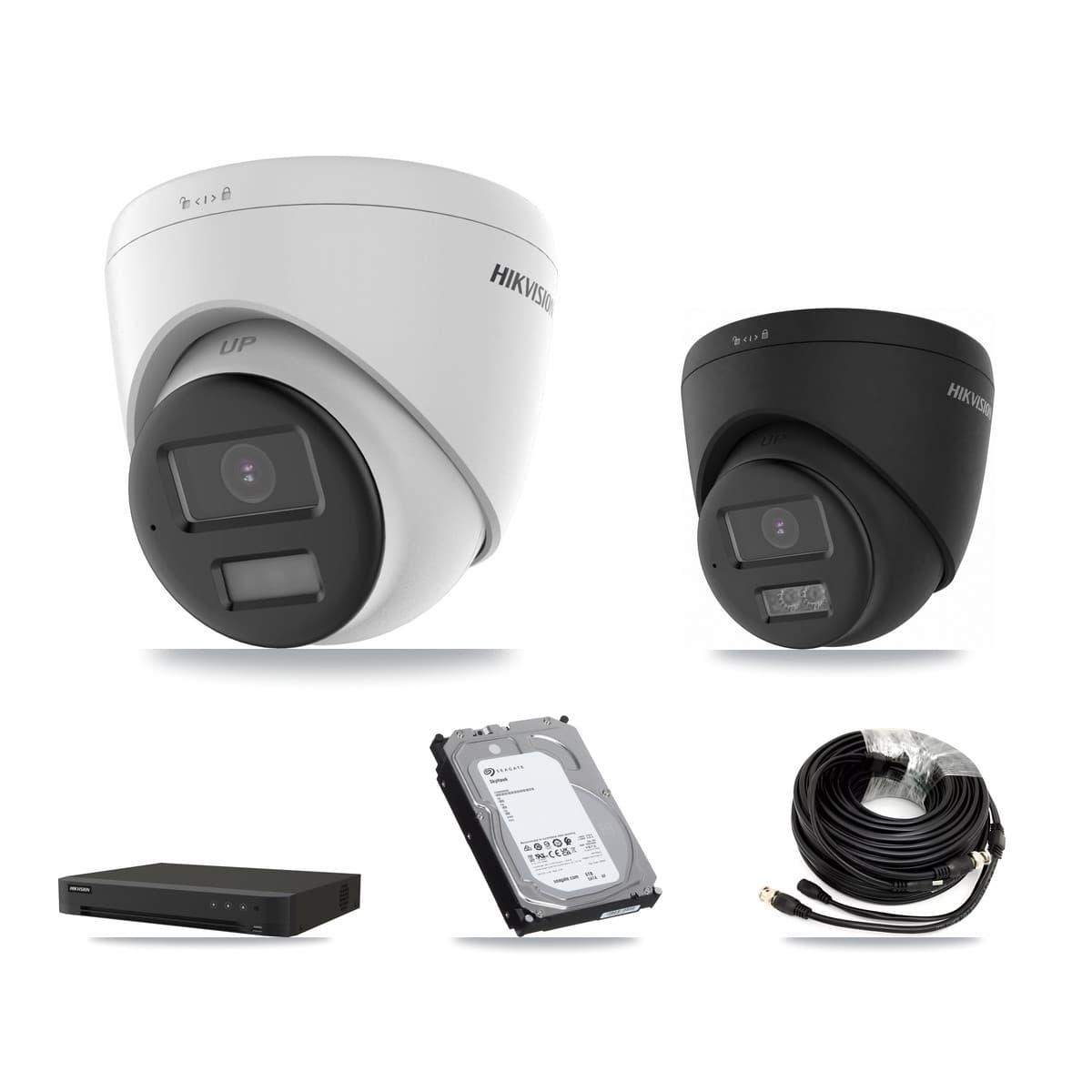 Hikvision 8-Channel 5MP – 4K CCTV Kit — 3 DS-2CE78K0T-LPTS 5MP + 1 Black DS-2CE78U0T-LTS-BLACK 4K Turret Cameras + 6TB Recording (IDS-7208HUHI-M1/XT Recorder)