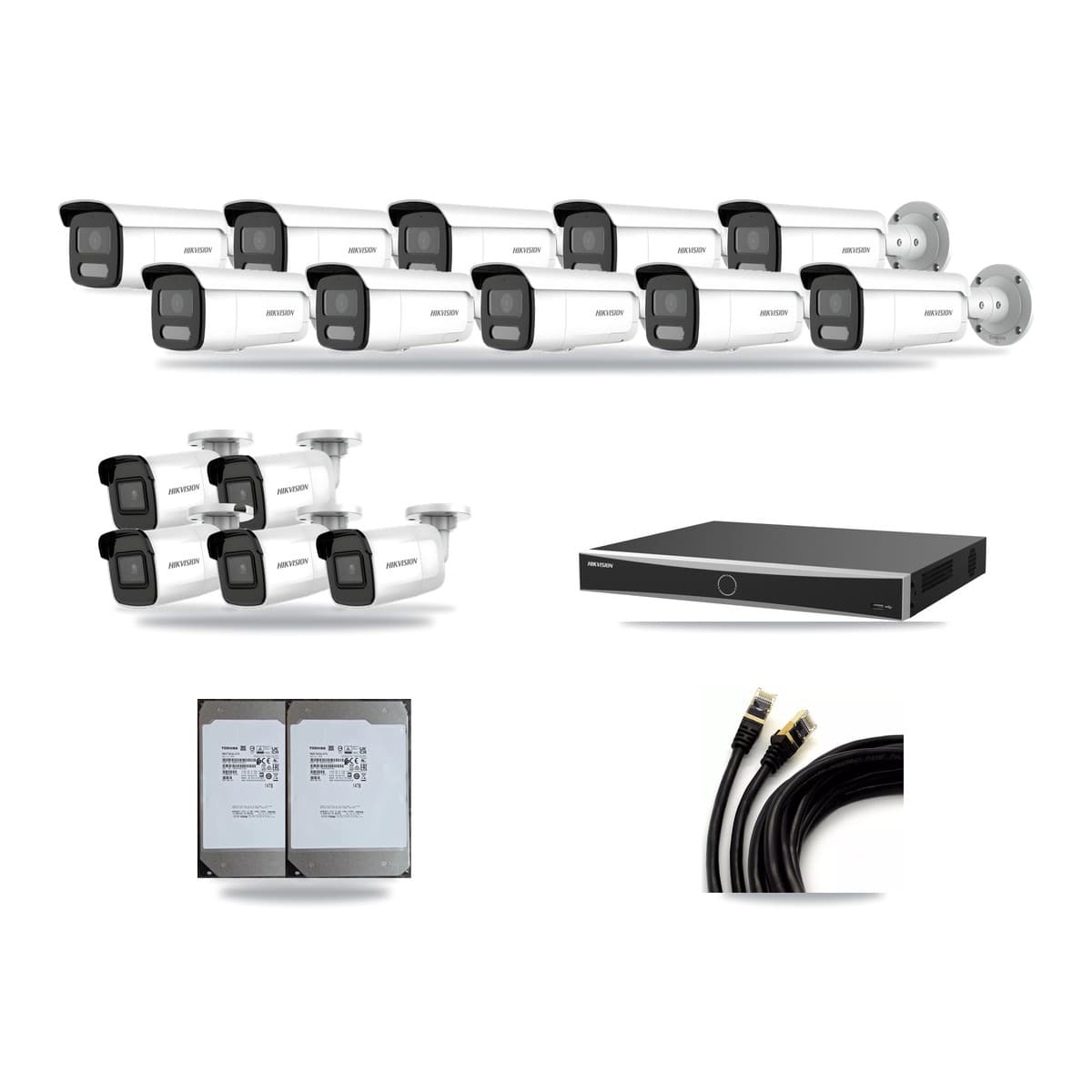 Hikvision 16-channel CCTV kit: 15 cameras (10× 4MP Bullet + 5× 4K Bullet), 2× 14TB hard drive