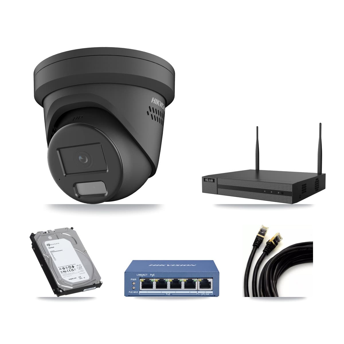 Hikvision & HiLook 4-Channel 4MP CCTV Kit — 4 Black Turret Cameras + 6TB Recording